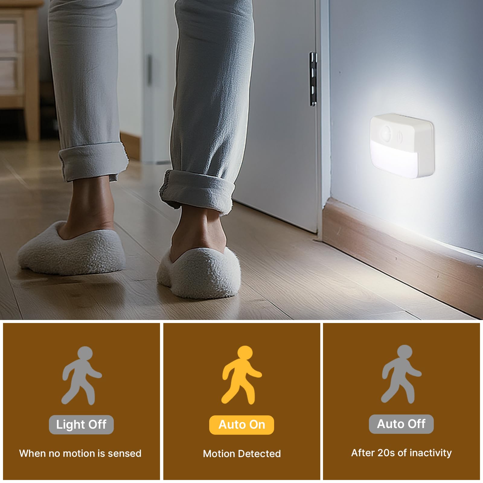 Guankai Motion Sensor Stair Lights, 8 Pack, RGB Battery Operated, Plastic, Model 0003D2, Indoor Night Light for Hallway, Closet, Under Cabinet