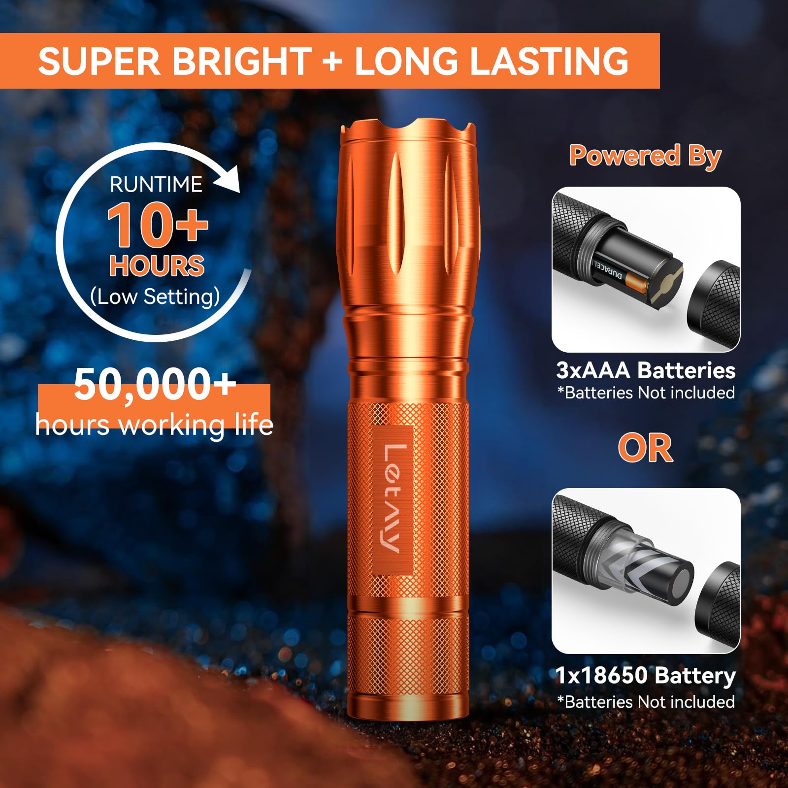 Letmy Tactical Flashlight S2000-2 Pack Bright Military Grade Led Flashlights High Lumens - Portable Handheld Flash Light, 5 Modes Zoomable Waterproof Flashlights For Home Emergency Camping- Orange