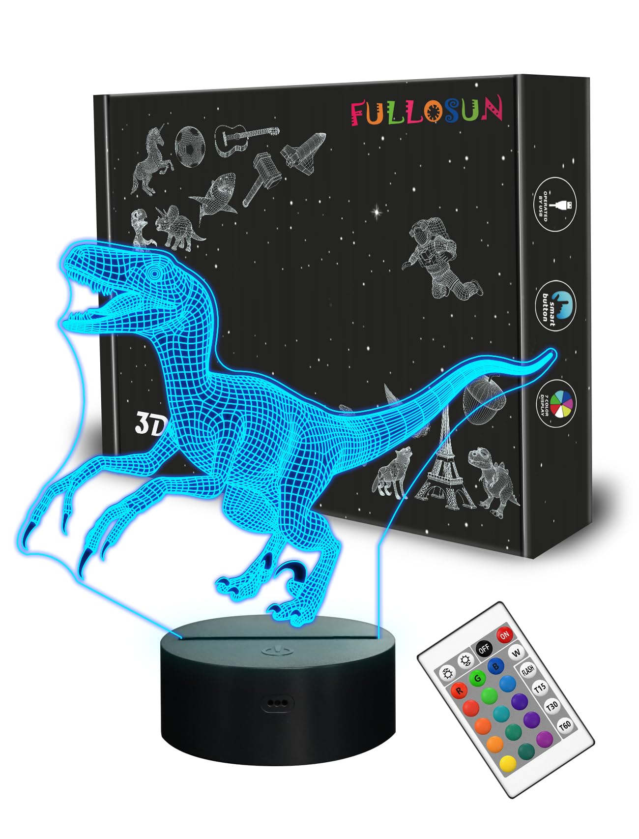 Fullosun 3D Dinosaur Night Light, Velociraptor Blue Lamp With Remote & 16 Color Options For Kids