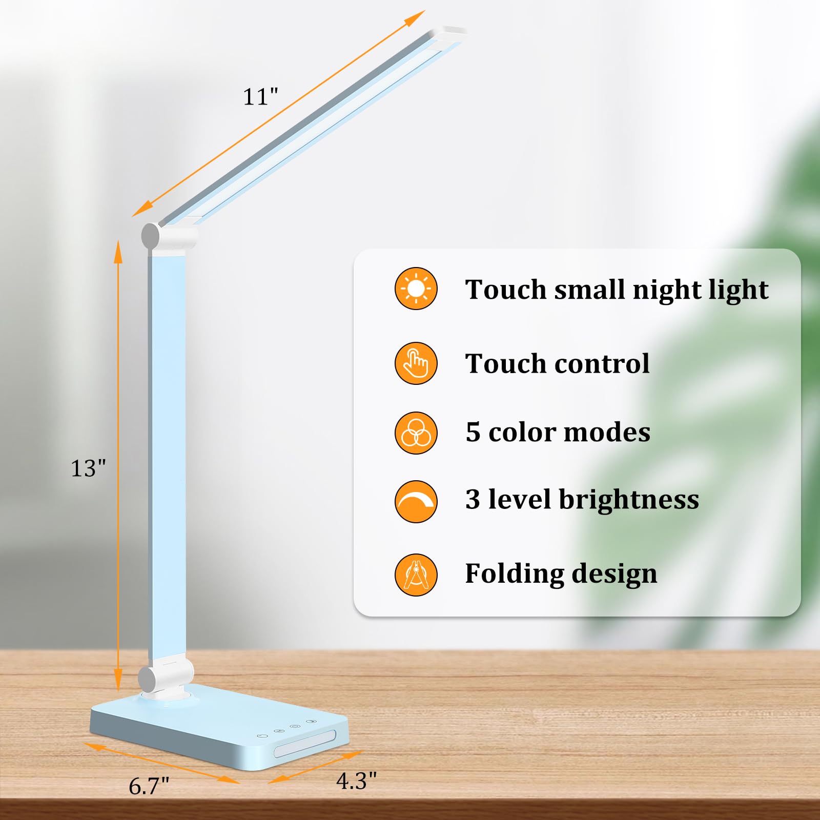 Led Desk Lamp With Usb Ports,Touch Desk Lamps For Home Office With 5 Color Modes,3 Brightness Desk Light With Small Night Light,Reading Lamp Table Lamp For Bedroom Bedside Study Blue (With Adapter)