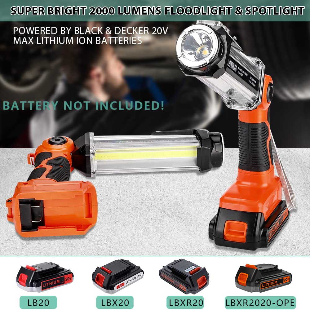 Cordless Led Work Light For Black & Decker 20V Li-Ion Battery, 35W 2000Lm Outdoor Flashlight Portable Camping Lanterns For Car Repairing, Job Site Lighting, Emergency