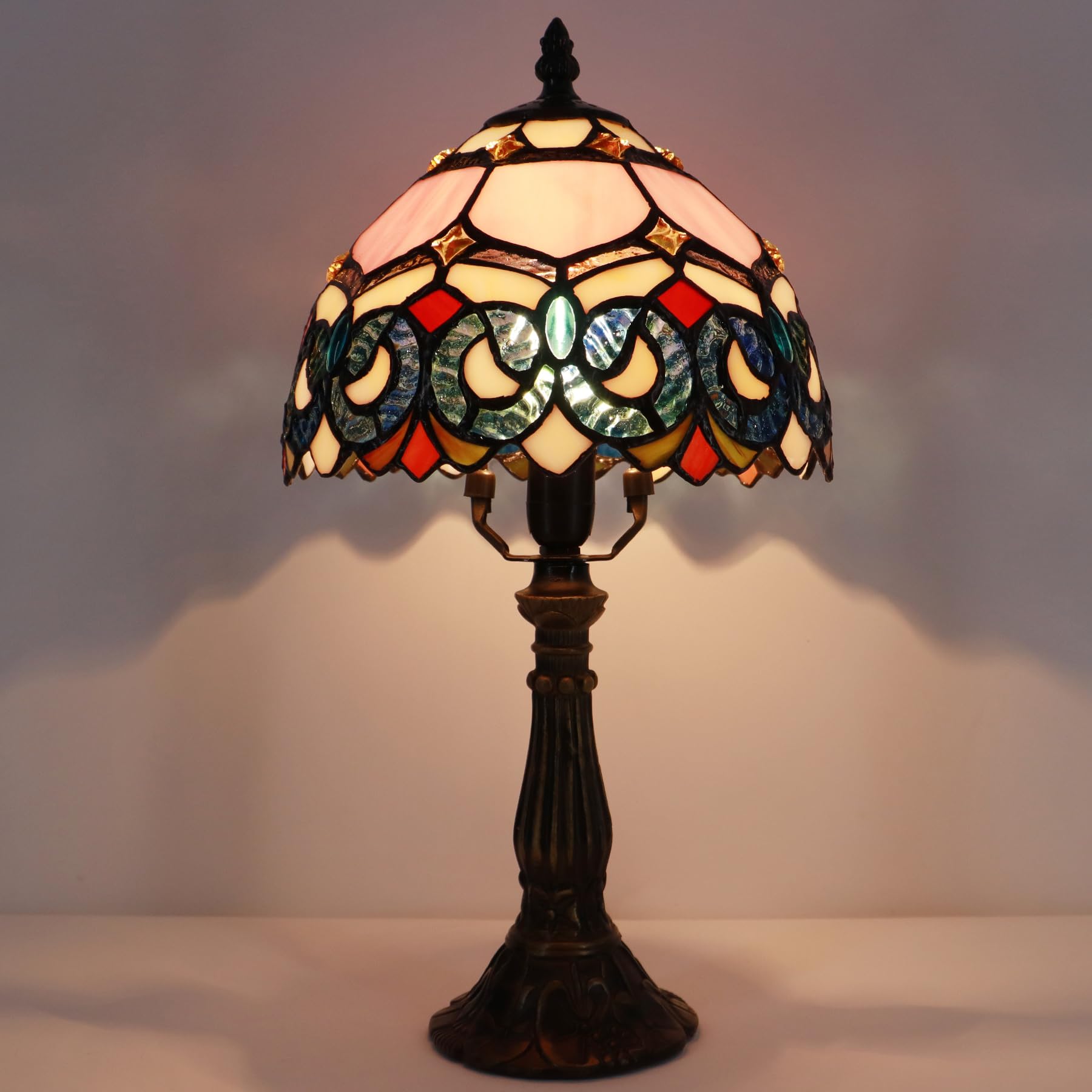 Lxhcyou Small Tiffany Lamp Mini Accent Table Lamp Pink Stained Glass Desk Memory Lamp Sympathy 8X14.5 Inch (Pink Baroque Style)