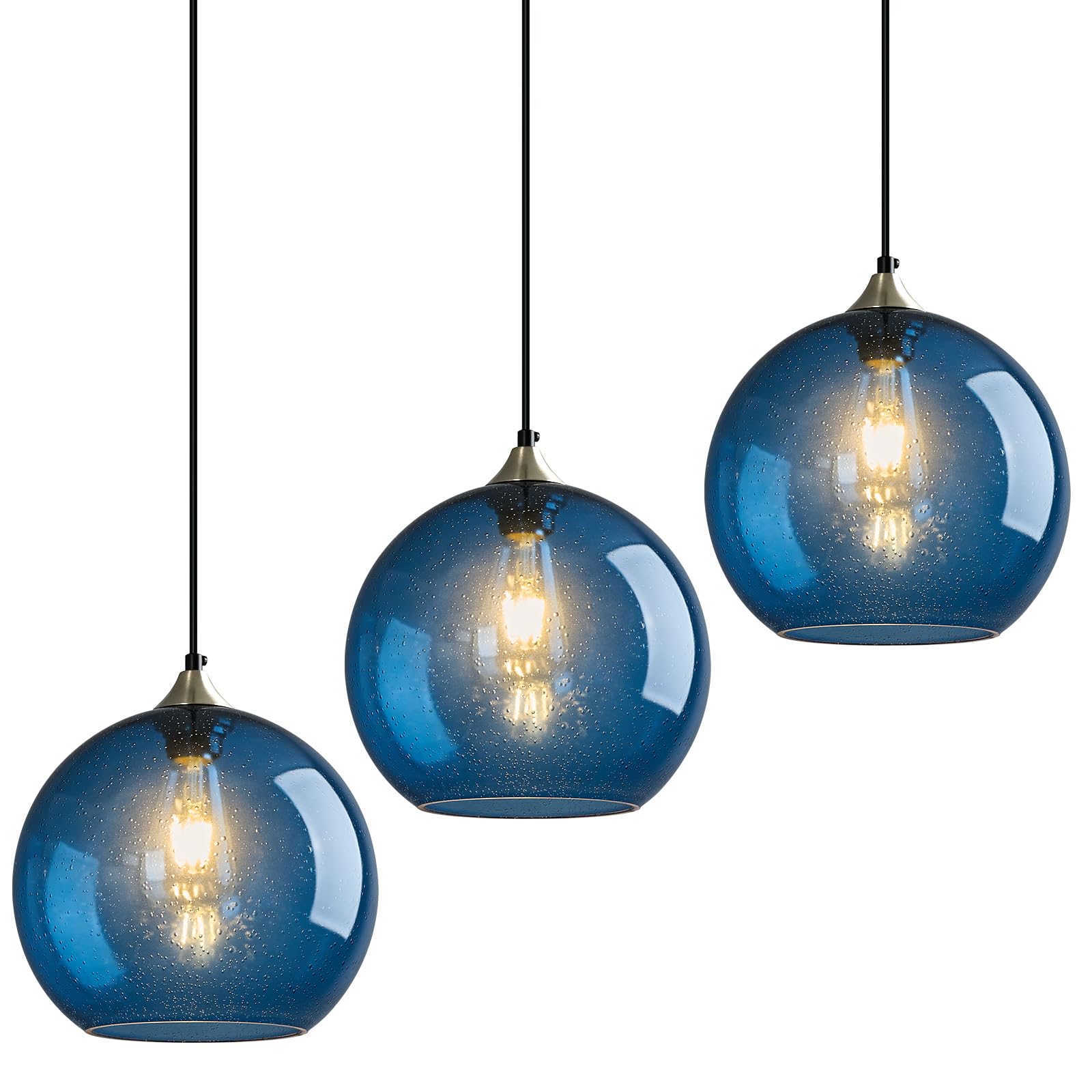 Lbsqj Blue Glass Pendant Lights Kitchen Island Lighting Globe Pendant Light Fixtures Modern Pendant Lighting For Kitchen Island Bedroom Living Dining Room Light Fixture(9.84In  3-Pack)