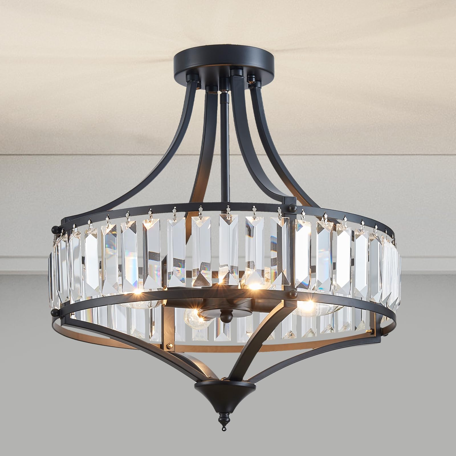 Majhoiw Crystal Ceiling Light for Dining Room, Round Rustic Farmhouse Semi Flush Mount Light Fixture, Metal Shade, 4-Light Black