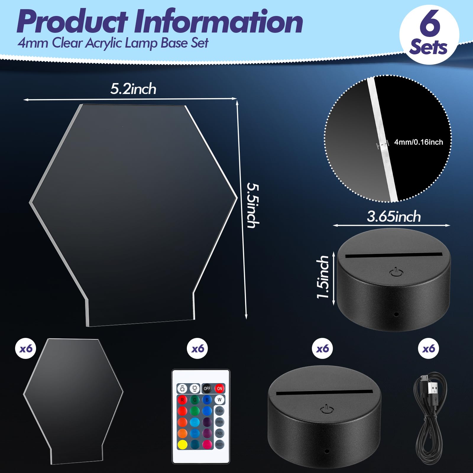 Honoson 6 Sets 3D Night Led Light Lamp Bases Including 6 Light Display Stands 6 Clear Acrylic Sheets 6 Remote Controls 6 Chargin