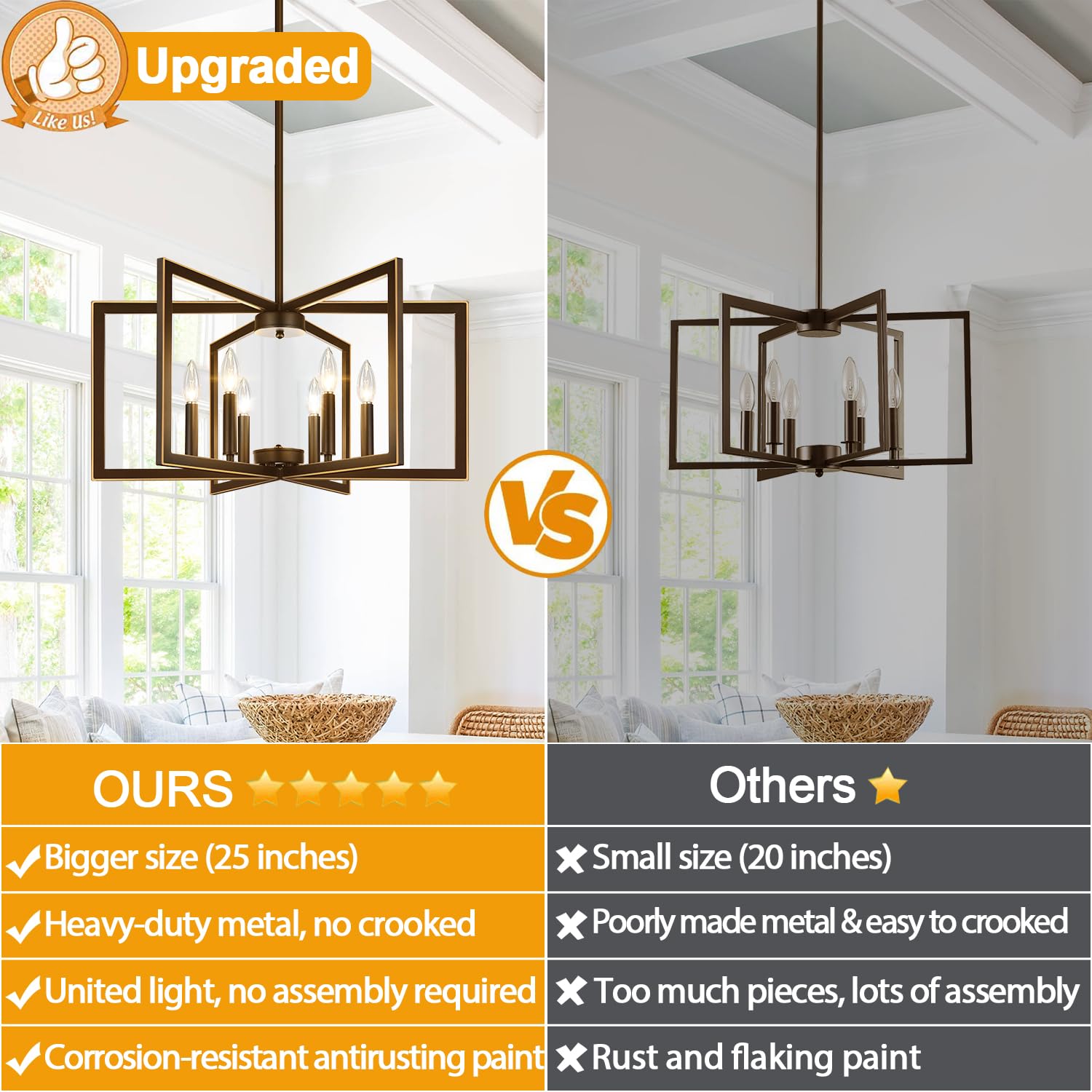 6-Light Modern Brown Chandelier, Geometric Dining Room Light Fixture Industrial Pendant Lights Kitchen Island, Hanging Metal Far
