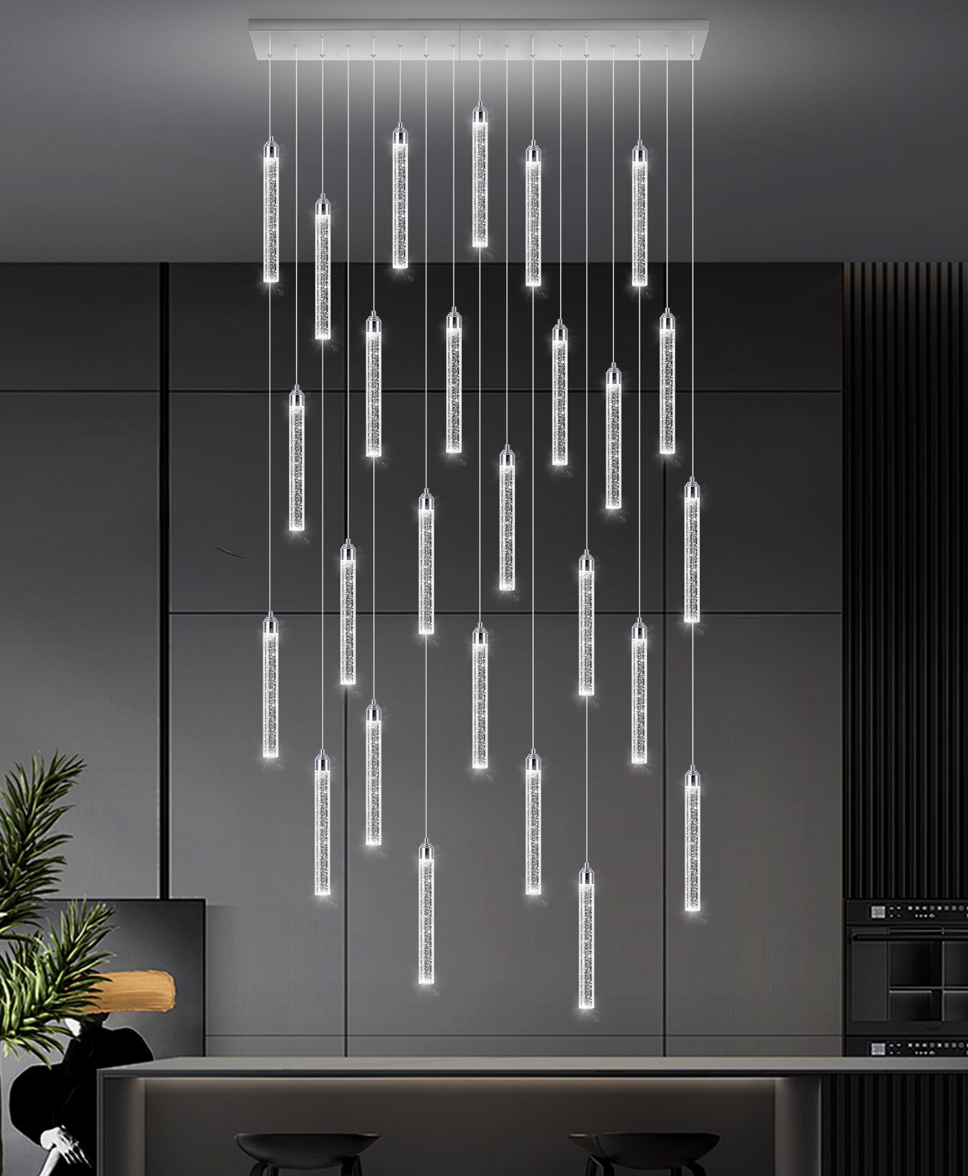 Dolria Rectangular 26-Light LED Dimmable Chandelier Fixture, Silver Metal for Entryway, Living Room, Foyer, Hallway, Model PC0008-CT-26Y