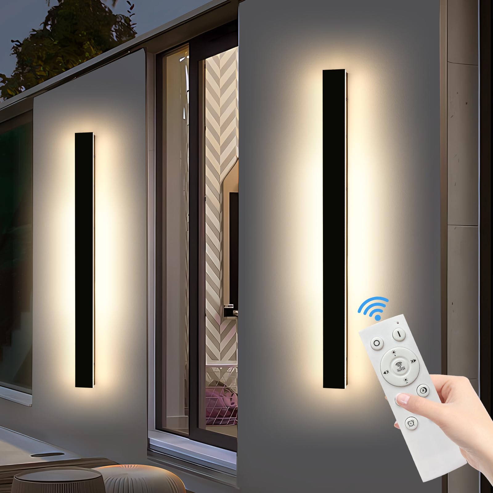 Mikeru 3CCT Dimmable Outdoor Wall Sconce, 57in IP65 Waterproof, Modern Black, Remote Control, Model FTBD-ZB2P, 2-Pack