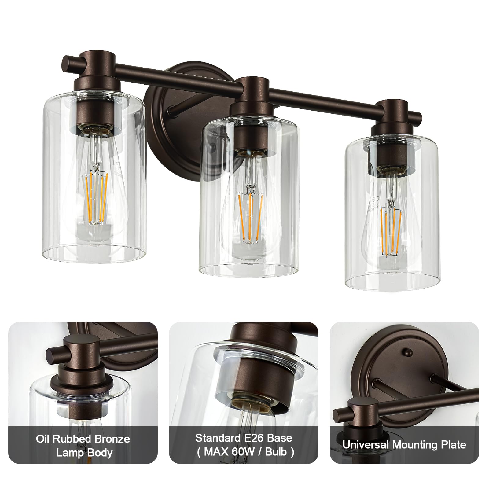 ALAISLYC Bathroom Light Fixture Sconce, 3 Lights, Oil-Rubbed Bronze, Clear Glass, Model ALAISLYC, Ideal for Vanity, Living Room, Hallway