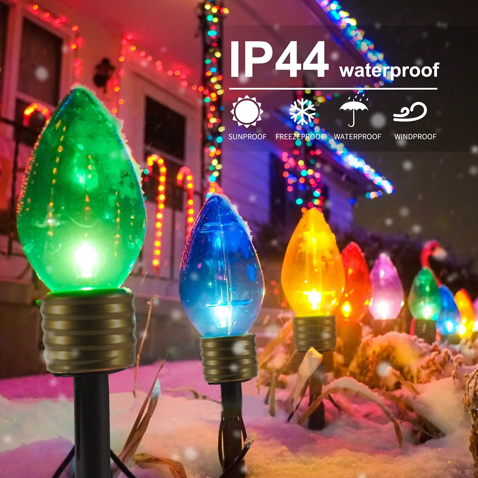Christmas Lights Jumbo C9 Outdoor Lawn Decorations With Pathway Marker Stakes, 8.5Ft C7 Lights Covered Jumbo Glitter Multicolor