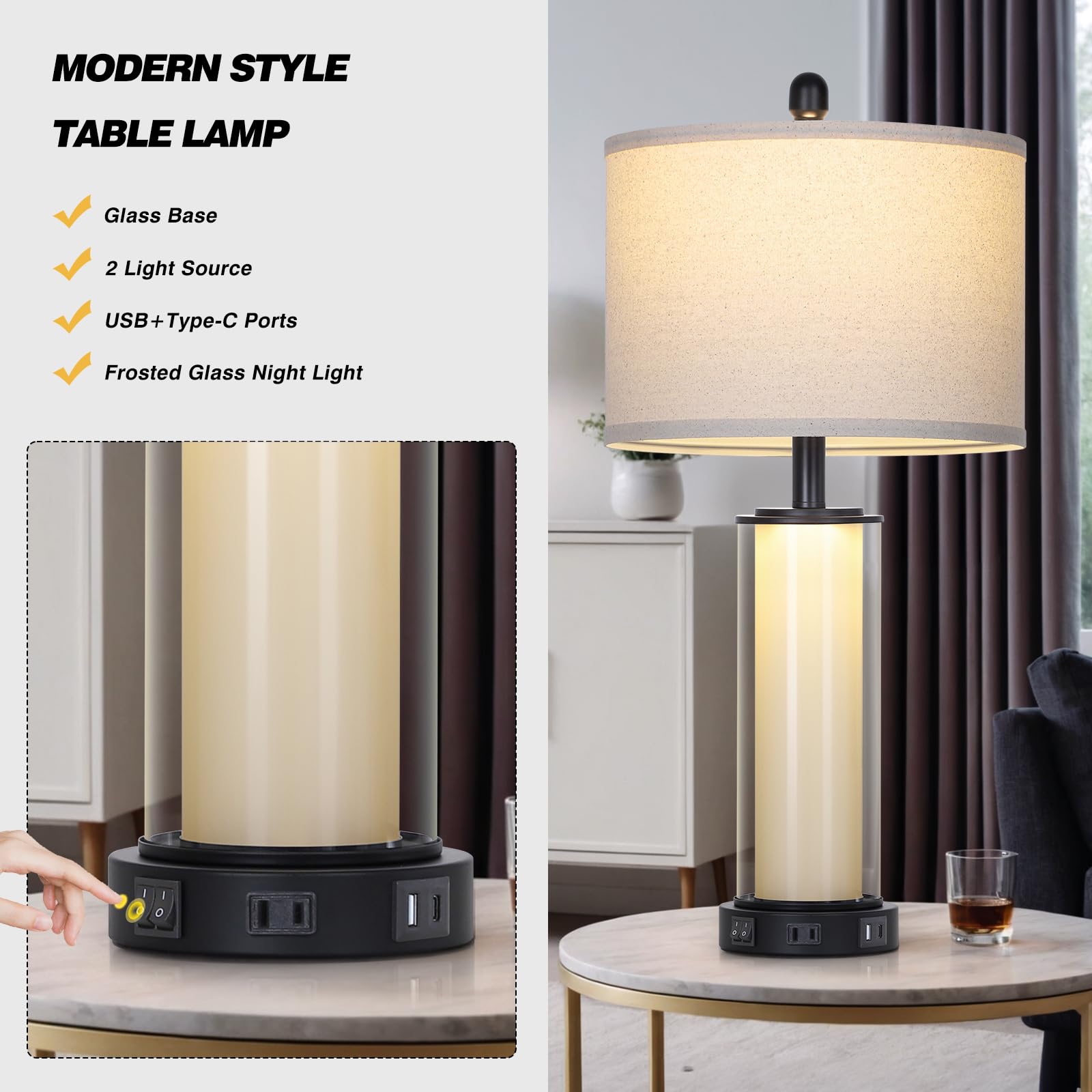 Black Glass Table Lamps Set Of 2, 26'' Living Room Lamp With Built-In Frosted Glass Night Light, Modern Bedroom Lamp With Usb C+