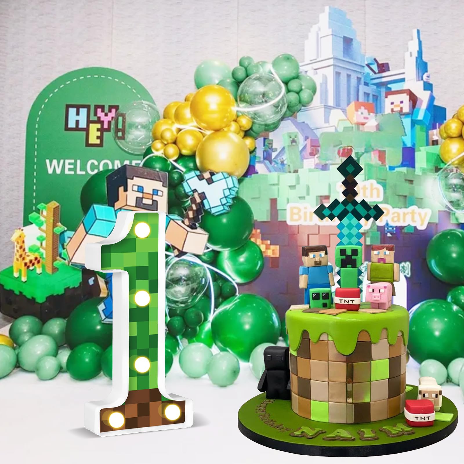 AXBMM 8.5in Pixel Game Light Up Sign, Birthday Decorations, Green/Brown, Model XY-371, LED Material, Number 1 Centerpiece