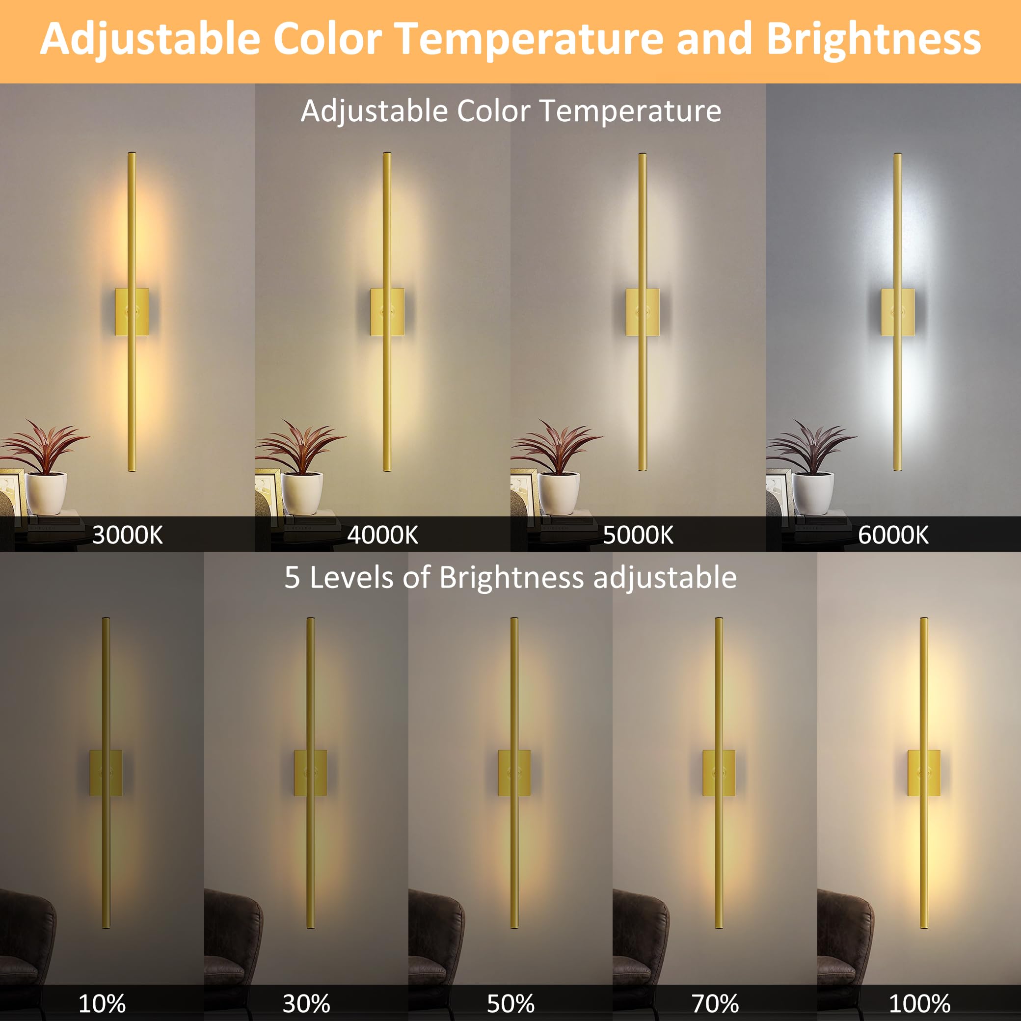 Yurnero Battery Operated Wall Sconces With Remote Control,Wall Sconces Wall Decor Set Of Two, 3000K-6000K Led Wireless Wall Ligh