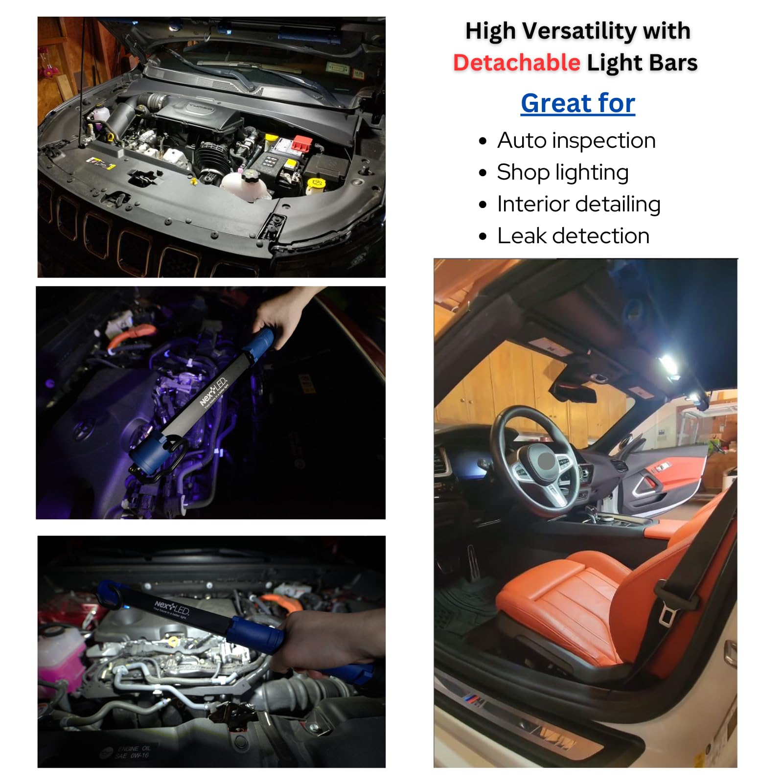 Nextled Nt-2220Lf-Uv Led Underhood Work Light, 2000 Lumen, 8000Mah Rechargeable Battery, Uv Light, Detachable Mechanic Under Hood Light Bar, 2 Lights In 1, 51 To 81 Inch, Auto Mechanic/Car Detailing