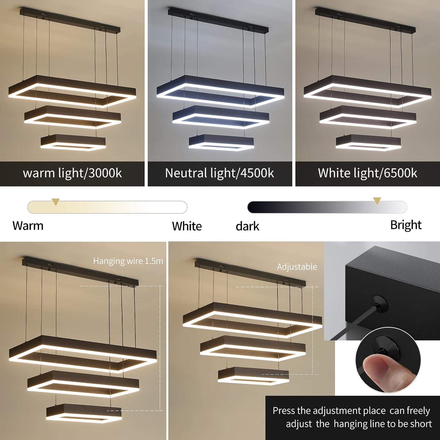 Matven Modern 3-Ring LED Pendant Light Fixture, Adjustable Height, Black, 15.7+23.6+31.4in, Remote Control Dimming for Living Room