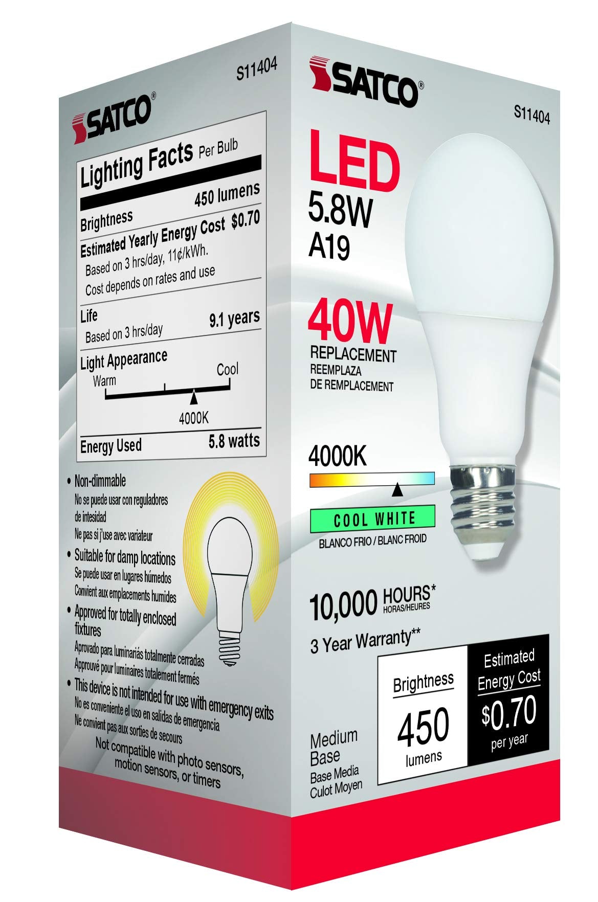 Satco 11404 5.8W Led A19 Light Bulb, 40W Replacement, 4000K Cool White, 450 Lumens