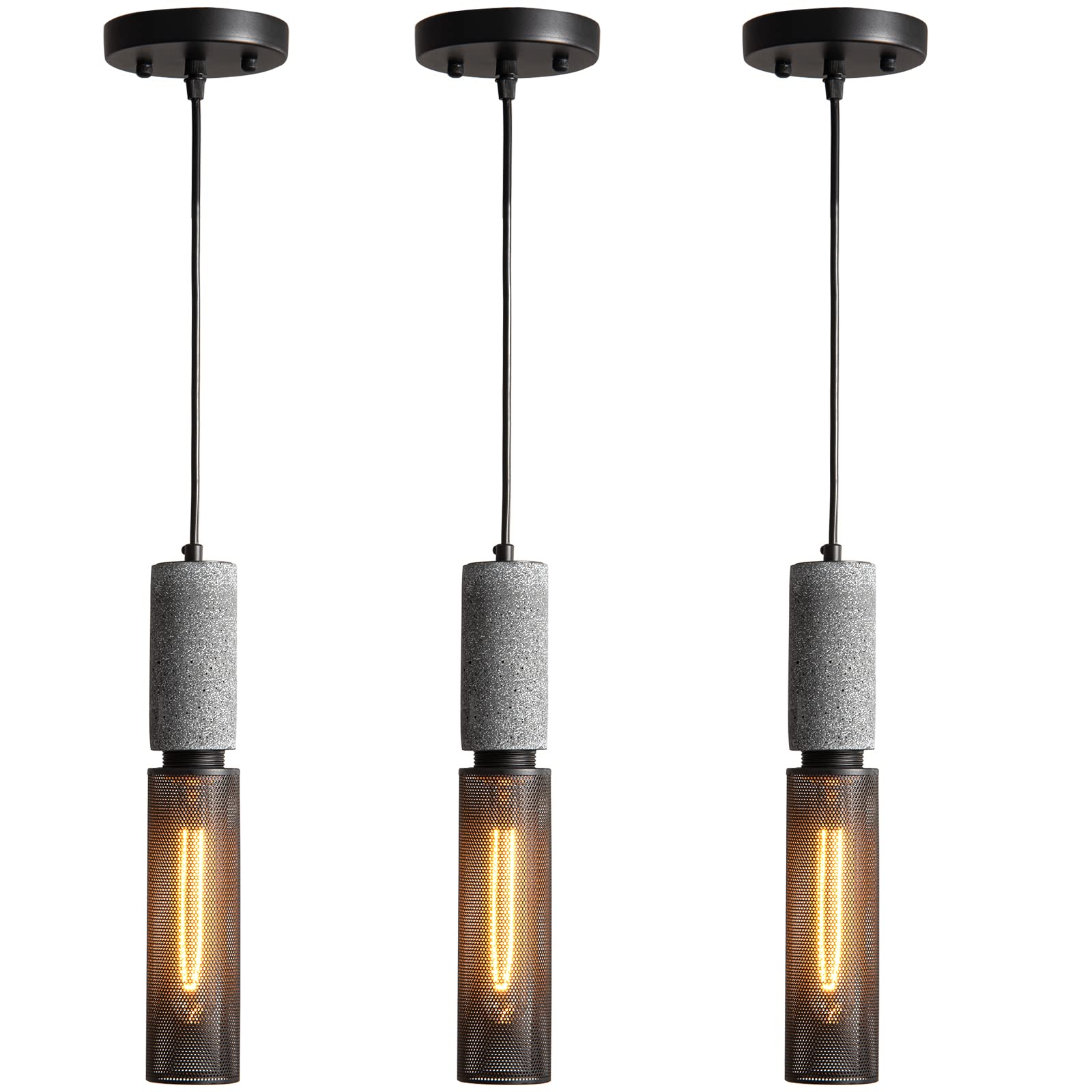 ADCTHOME Concrete Linear Pendant Light with a Metal Mesh Shade,Modern Industrial Hanging Cement Pendant Lighting Fixture for Kit