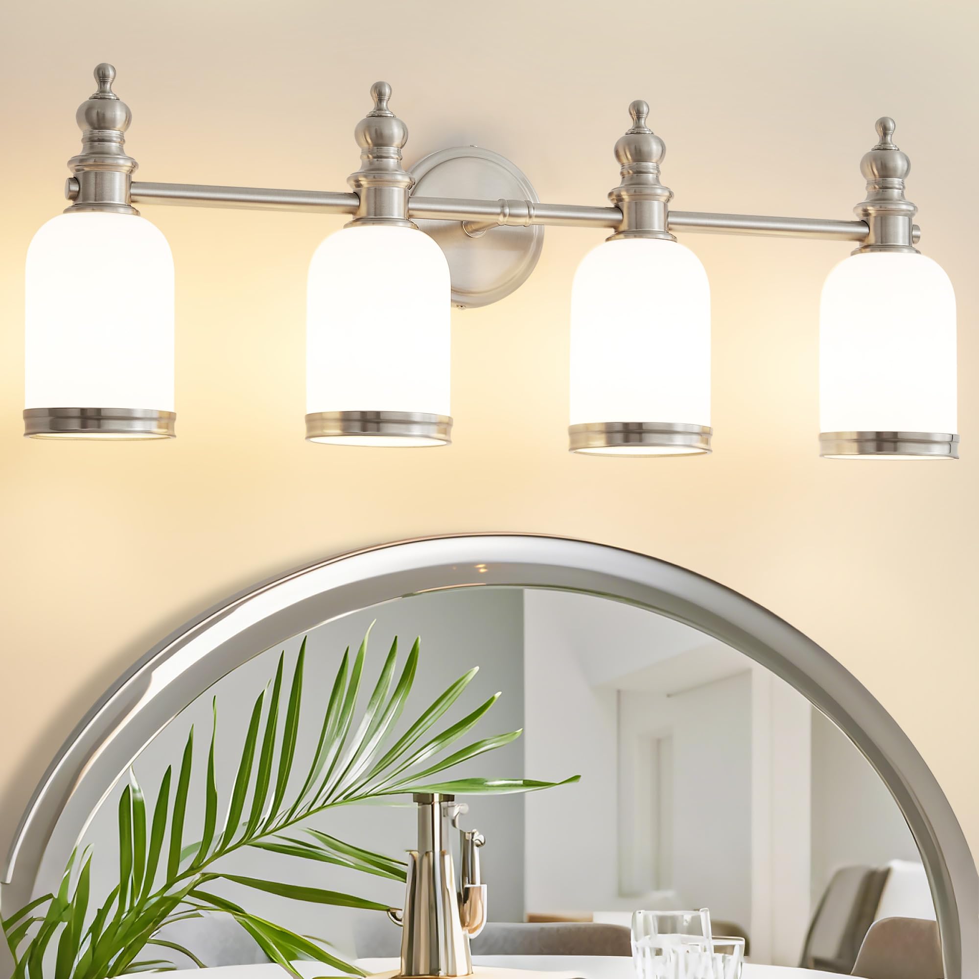 Lanmate Bathroom Light Fixtures, 4 Light Brushed Nickel Bathroom Vanity Light Over Mirror With Milk Glass Shade Modern Wall Scon