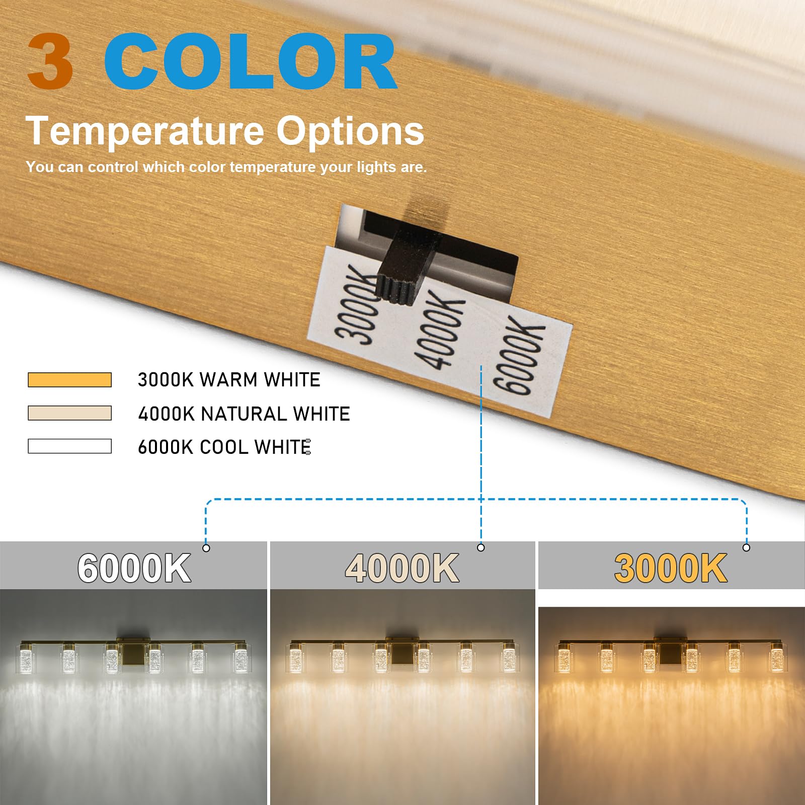 SineRise 6-Light Gold Vanity Light, Dimmable LED Bathroom Fixture, Eye Protection, 3000K/4000K/6000K, Model 44852ac9