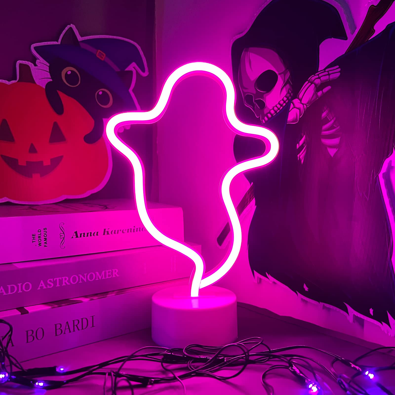 BerniceKelly Halloween Ghost Neon Sign - LED Light, 6.89inx0.67inx11.42in, Vinyl, Battery/USB Powered, Pink, Model AX-451