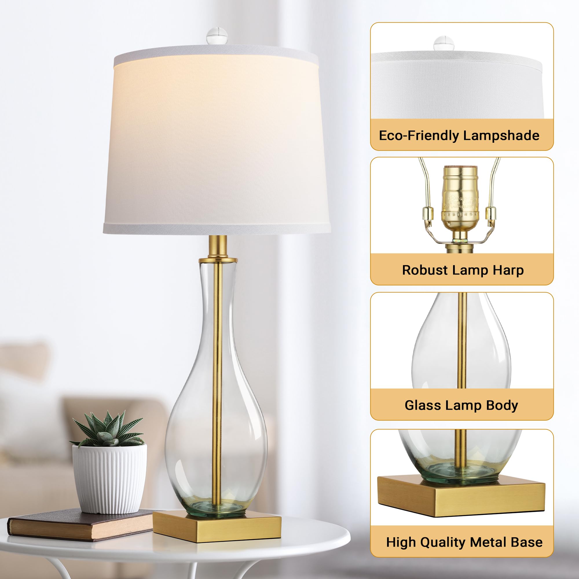 WIHTU Table Lamps Set of 2, Touch Control, 27in Glass Bedside Lamps, 3-Way Dimmable, USB C/A Charging, Gold, Model WTLP357AJ