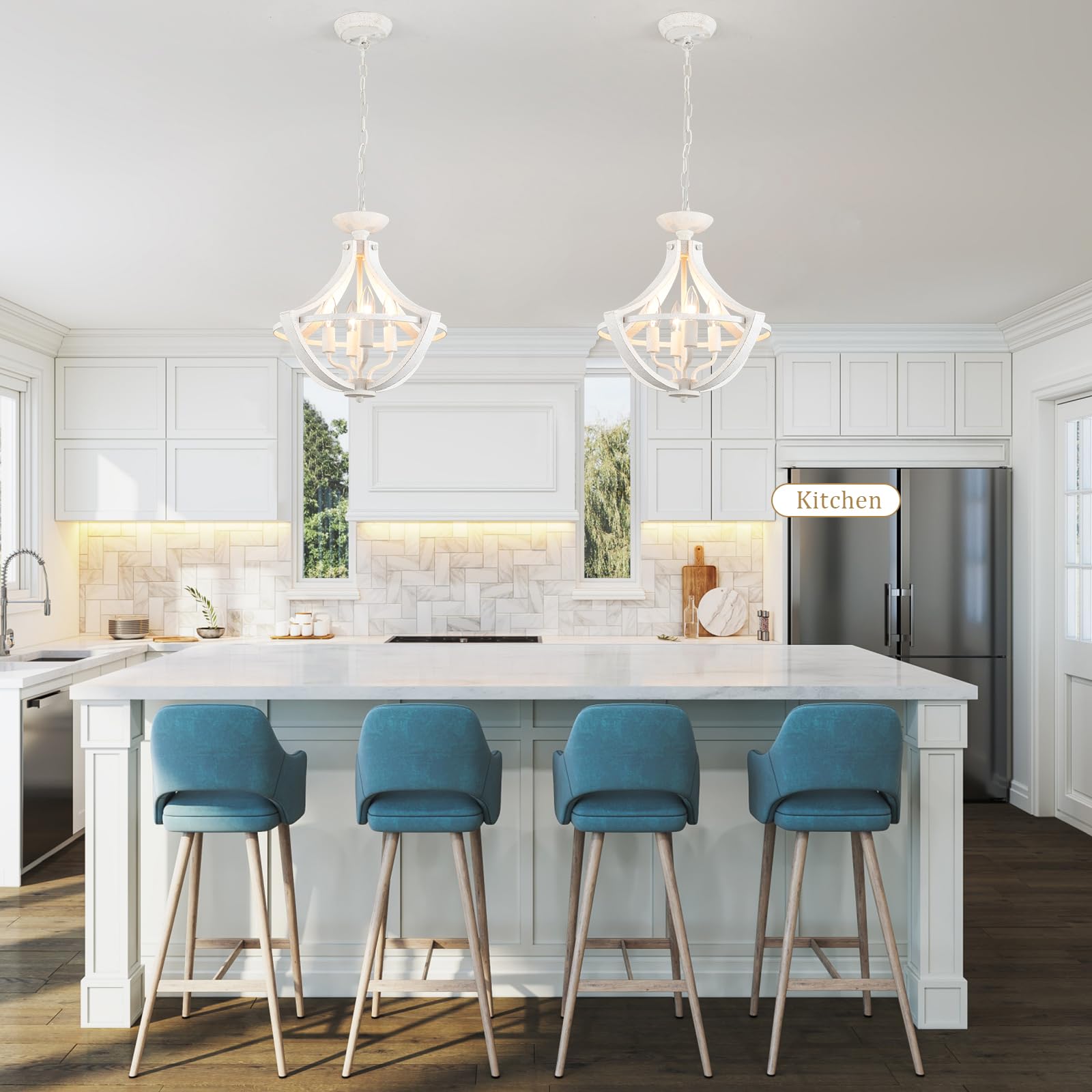 4-Lights French Country Chandelier Farmhouse Chandelier Handmade Semi Flush Mount Ceiling Light Fixture Wood Chandelier Pendant Light White Chandeliers For Entryway Foyer Hallway Kitchen Dining Room