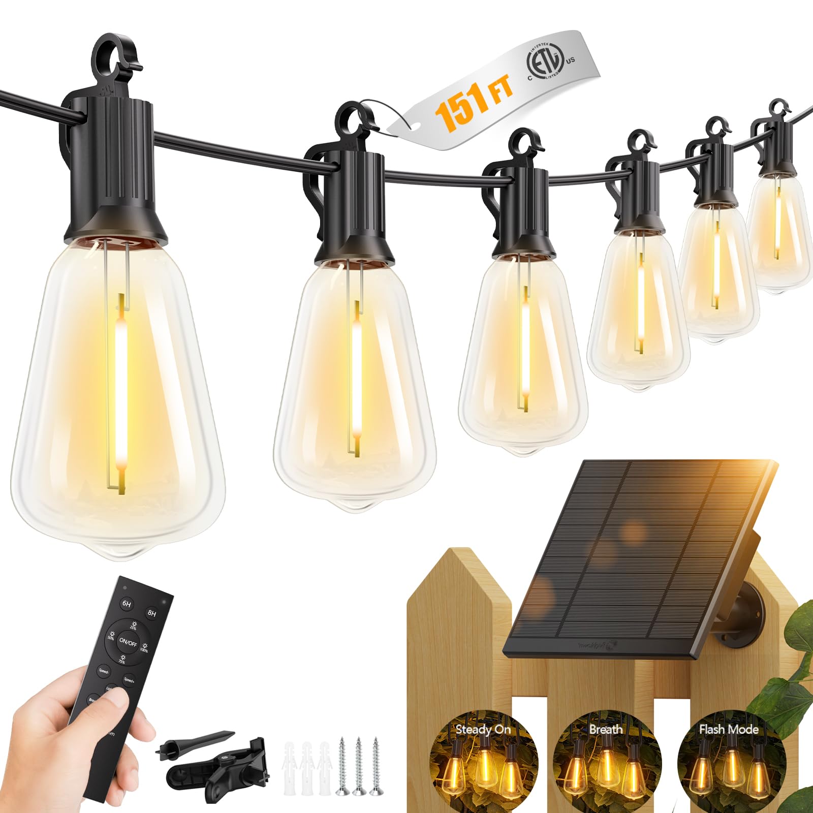 Brightown 151FT Solar String Lights Outdoor Waterproof with Remote, 48+2 LED Shatterproof Bulbs, Dimmable & Timable, 3 Light Mod