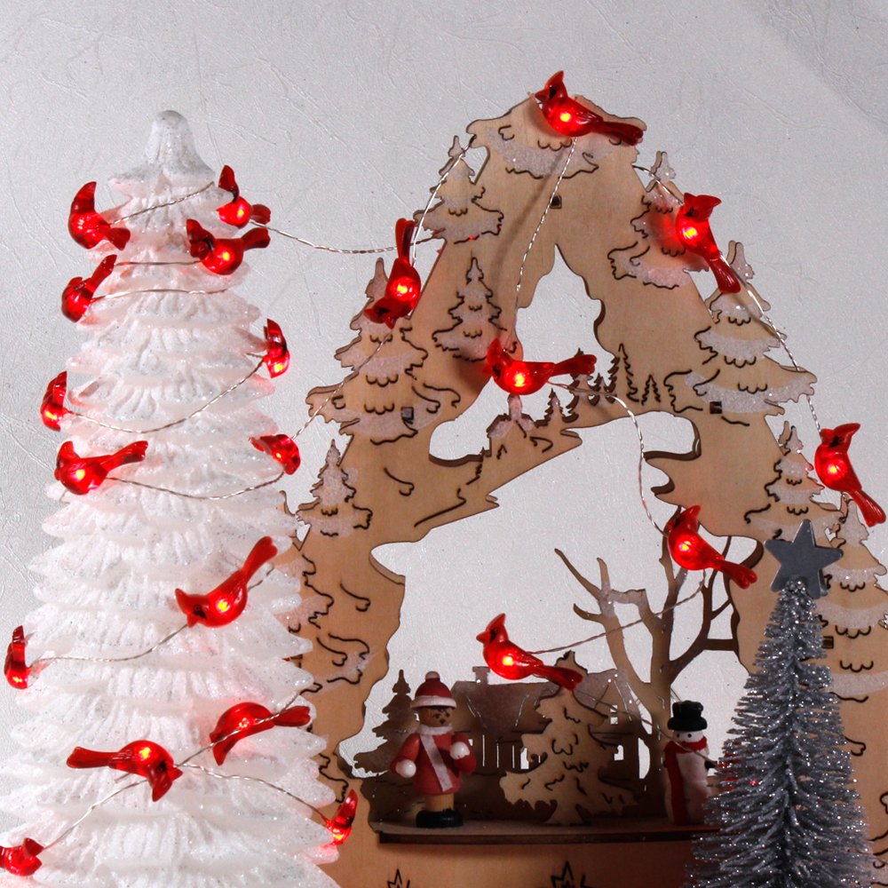 Christmas Tree Cardinal String Lights, Red Snow Bird Decorative Ornaments 10 Ft 40 Leds Battery Operated With Remote Timer For Wedding Birthday Parties Bedroom Home Holiday Decoration