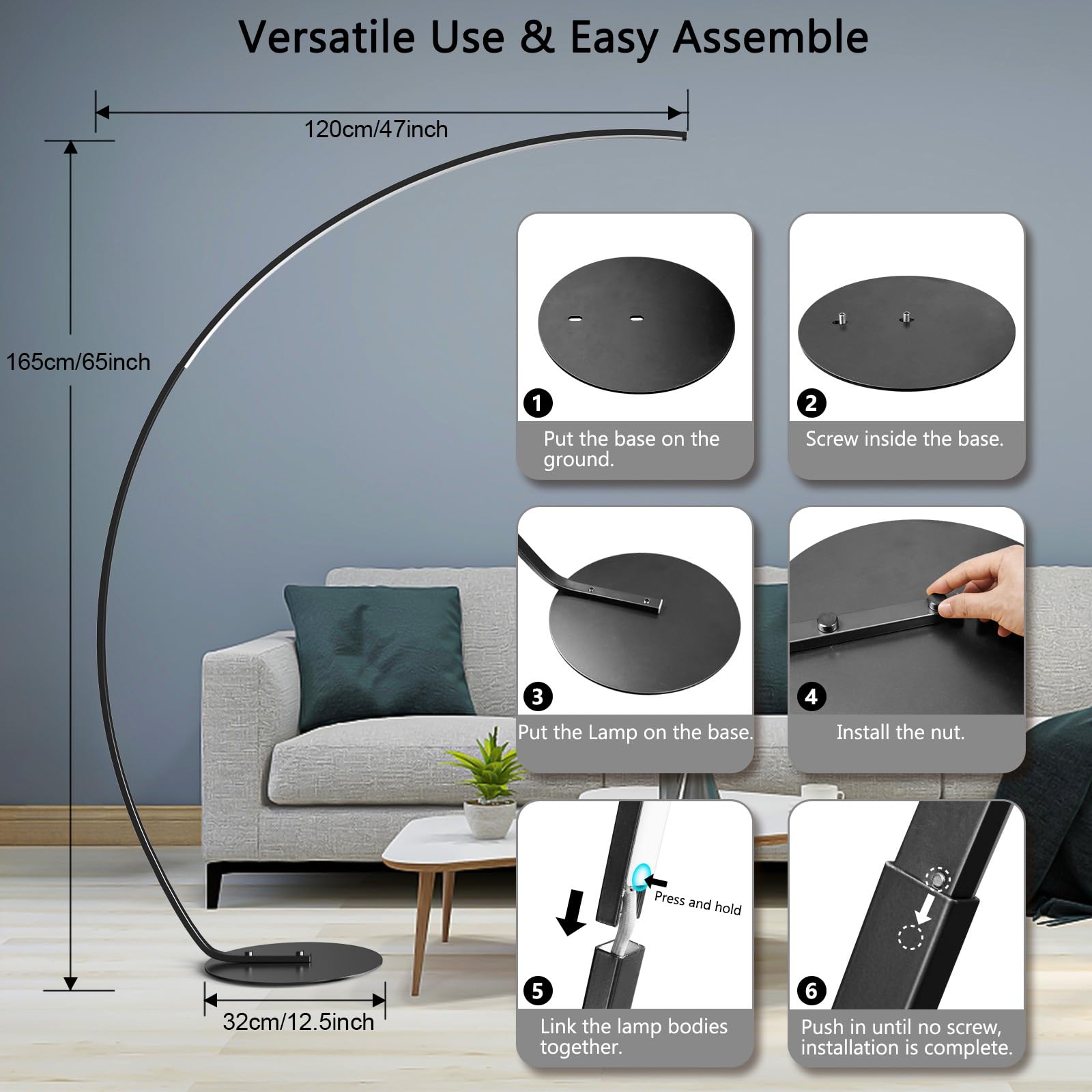 NUÜR Arc Floor Lamp - 67" Tall Black LED with Remote, 3 Color Temperatures, Stepless Dimming for Living Room, Bedroom, Office