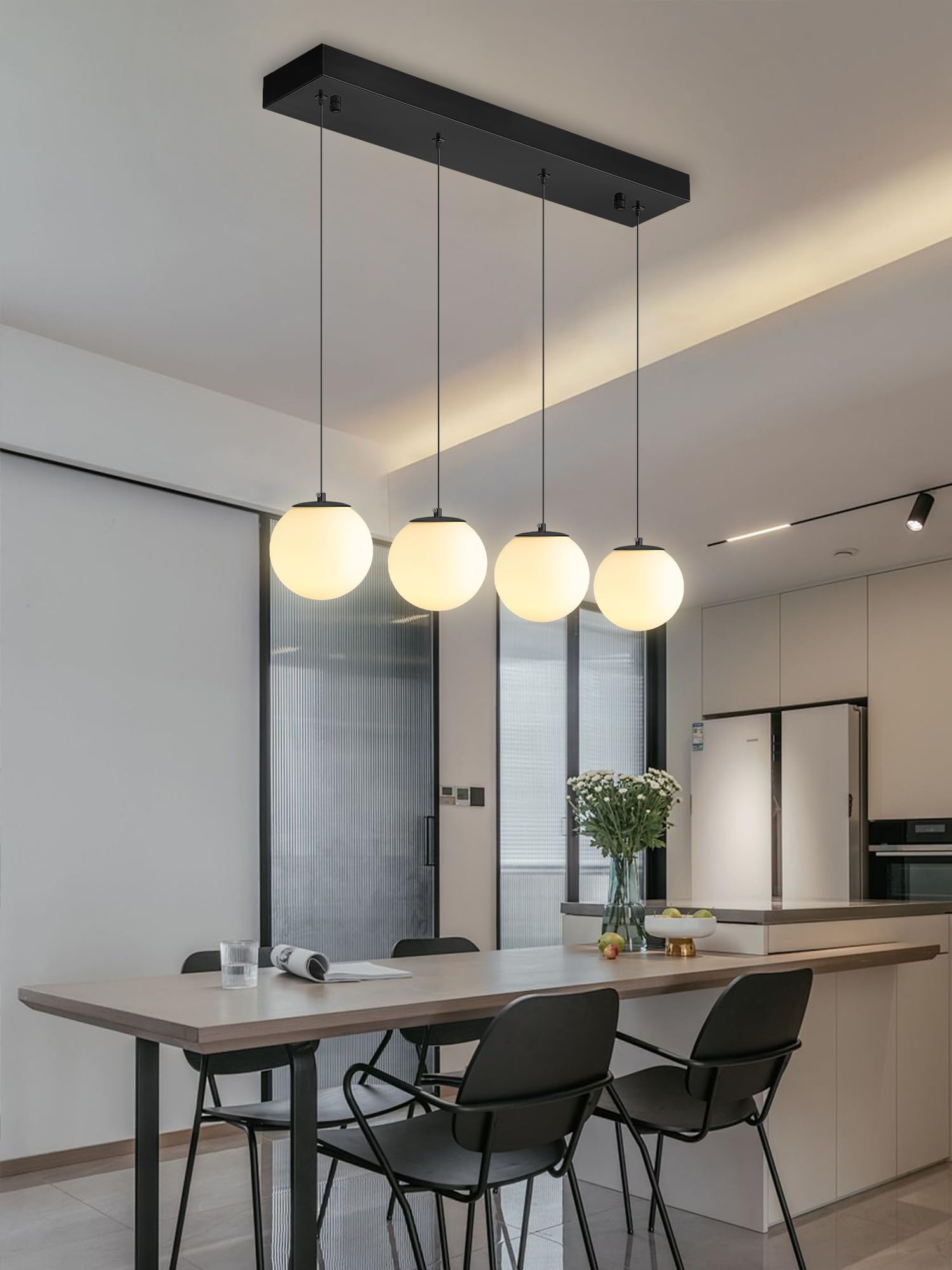 ykolupty Dining Room Light Fixture 4-Light Black Kitchen Island Lighting Globe Glass Chandeliers for Dining Room Over Table Pend