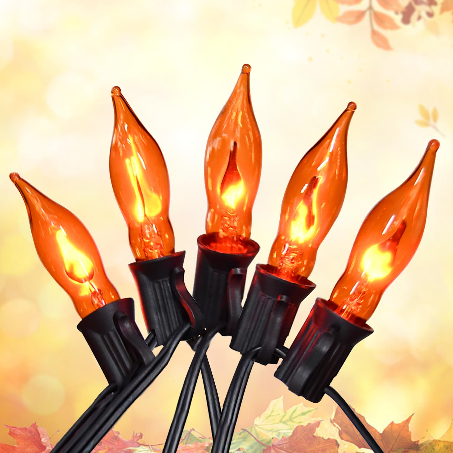 SOTOPOO Fall Decor String Lights - 12.8FT Orange Flickering Flame Effect, 12 Pack C18 Glass Bulbs, Model ULP(7)-LR(10)(1W