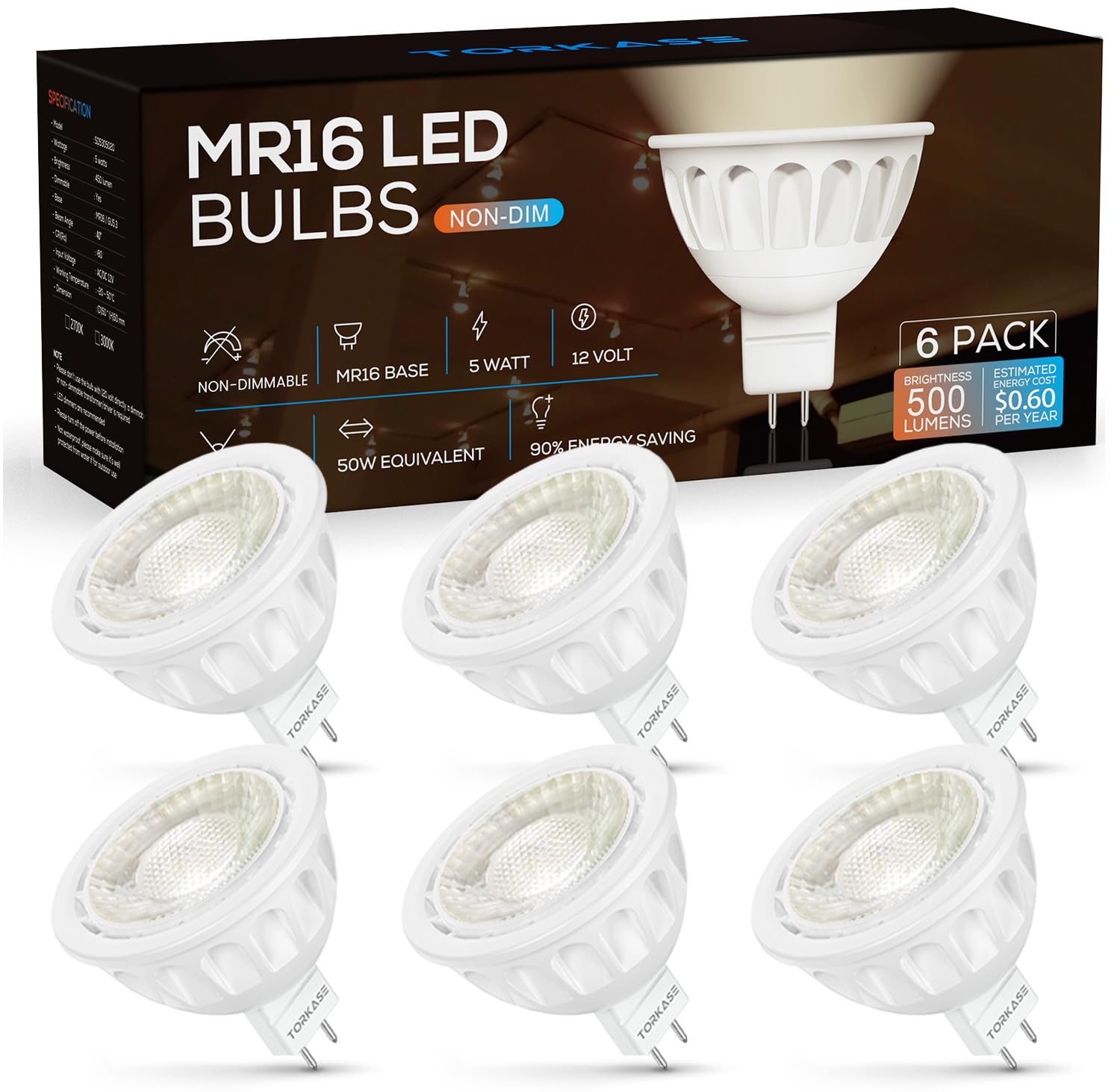 Torkase MR16 LED Light Bulb 5W, 3000K Warm White, GU5.3 Bi-Pin Base, 6 Pack, 90% Energy Saving, Non-D