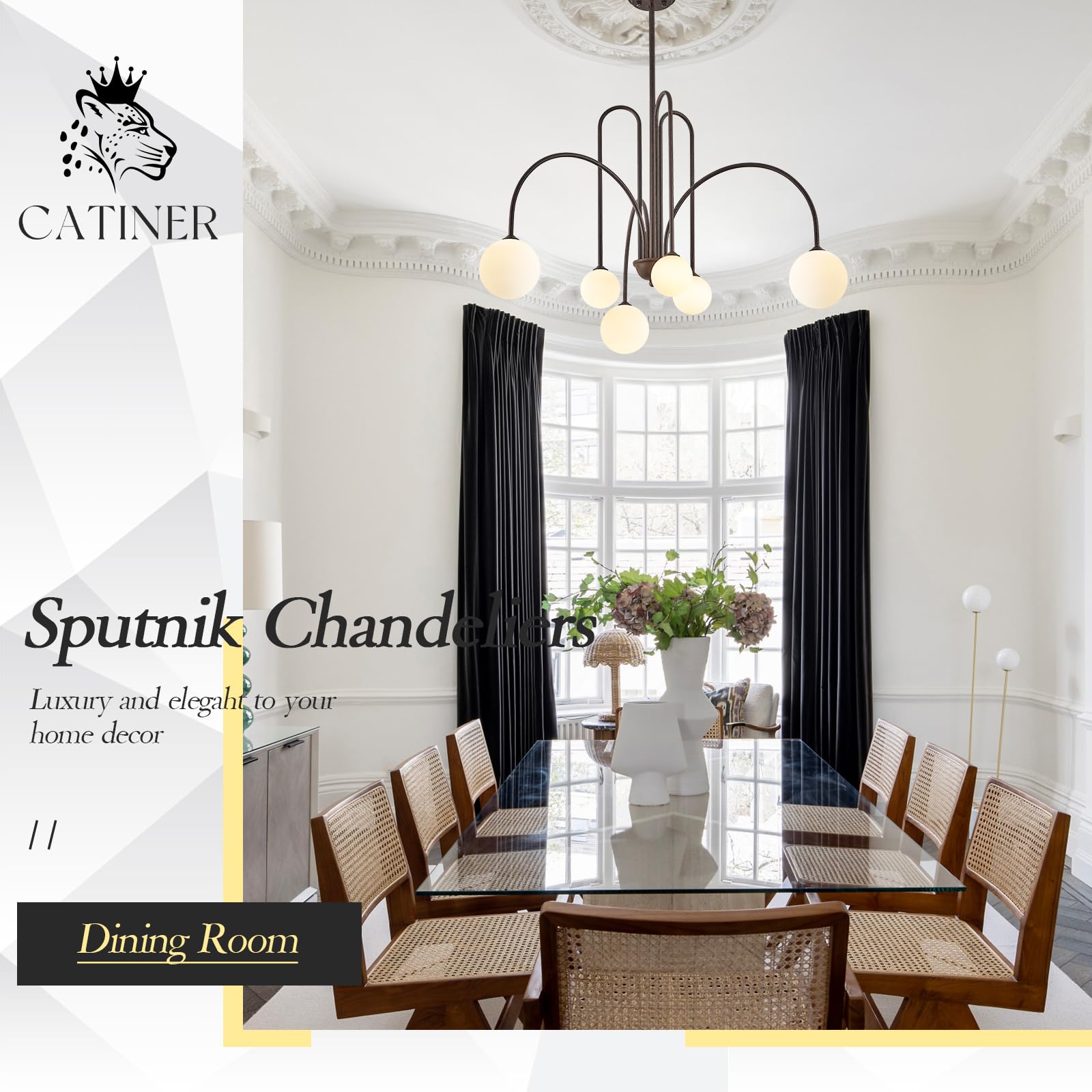 CATINER Sputnik Chandelier, 6 Lights, Brown Bronze Metal, Mid Century, 40” Globe Shades, Modern Ceiling Pendant Light for Dining Room