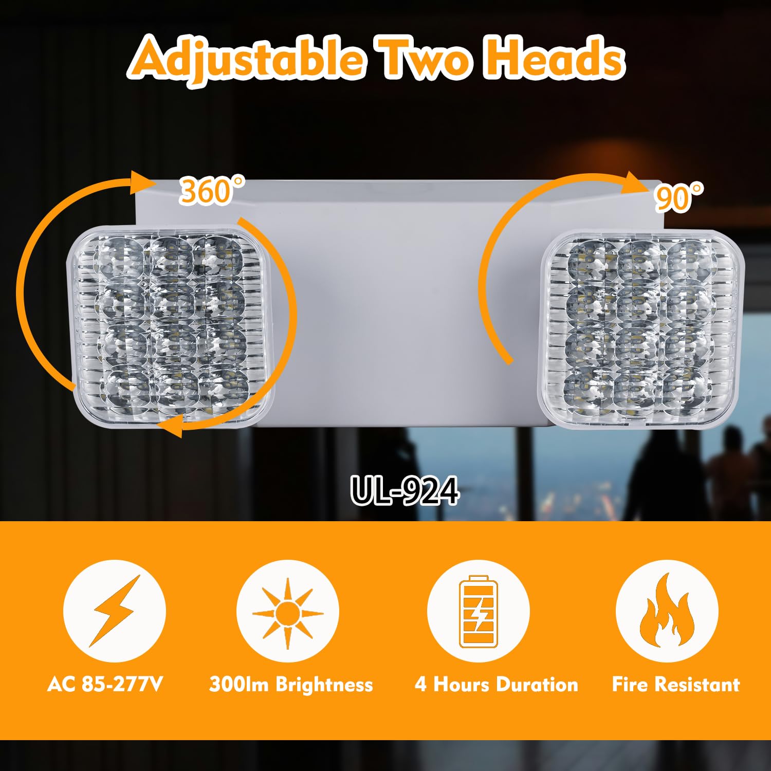Apmeetlux LED Emergency Light, 300lm Battery Backup, Hardwired, Square Design, White, Model EMGU2508-SW
