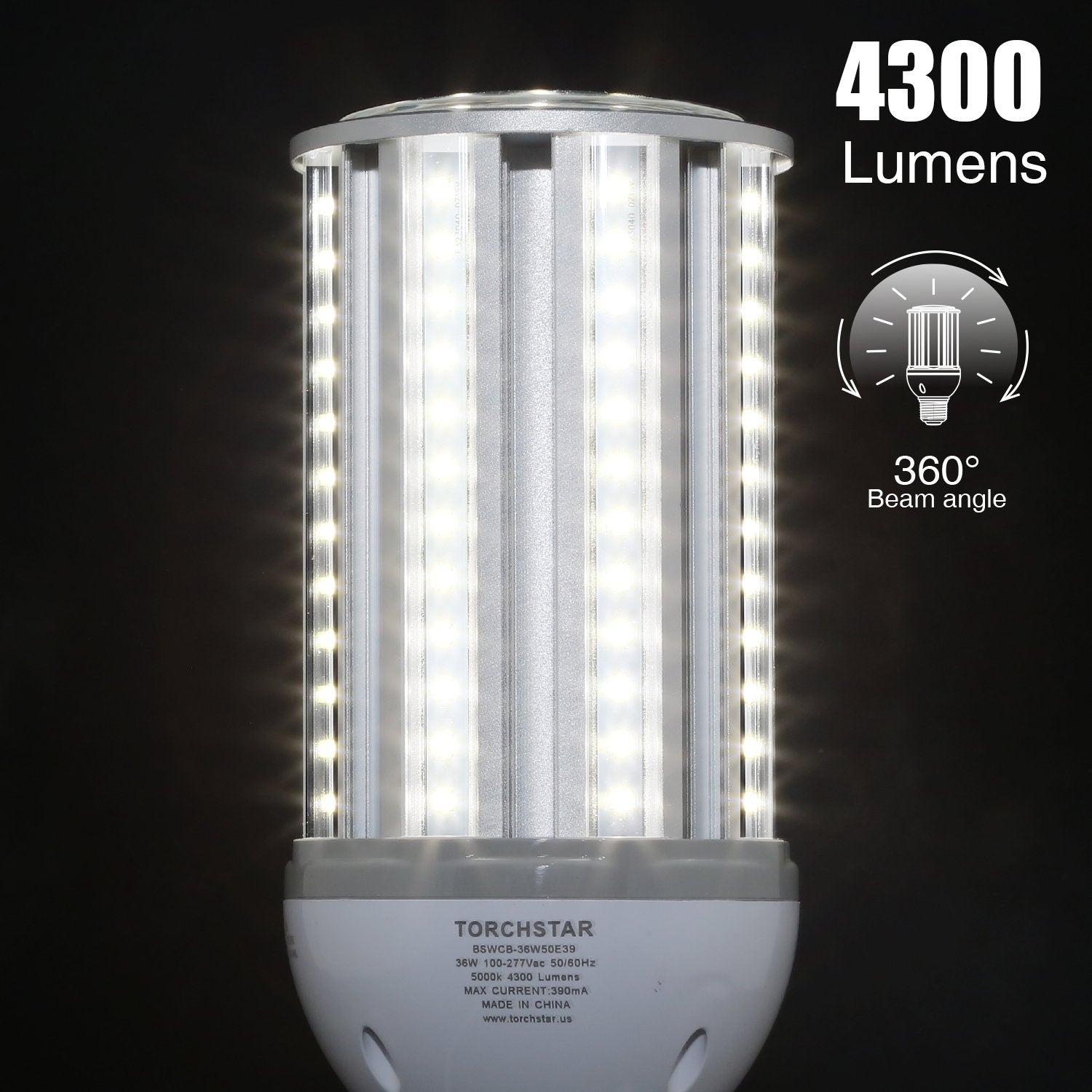 TORCHSTAR 36W LED Corn Light Bulb, 5000K Daylight, E39 Base, Super Bright 4300Lm, Metal for Indoor/Outdoor Use