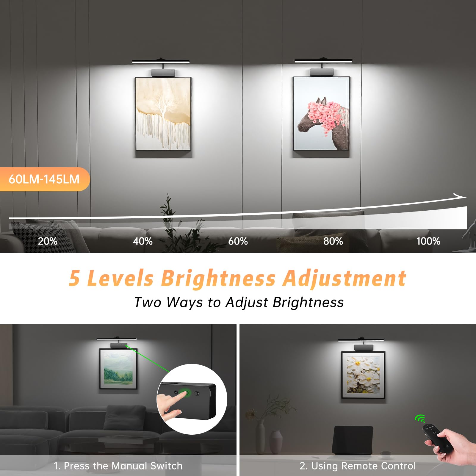 Lightbiz 15.35 Wireless Rechargeable Picture Light with Remote, Dimmable 3-Color Metal Art Light, Black for Paintings & Gallery Display