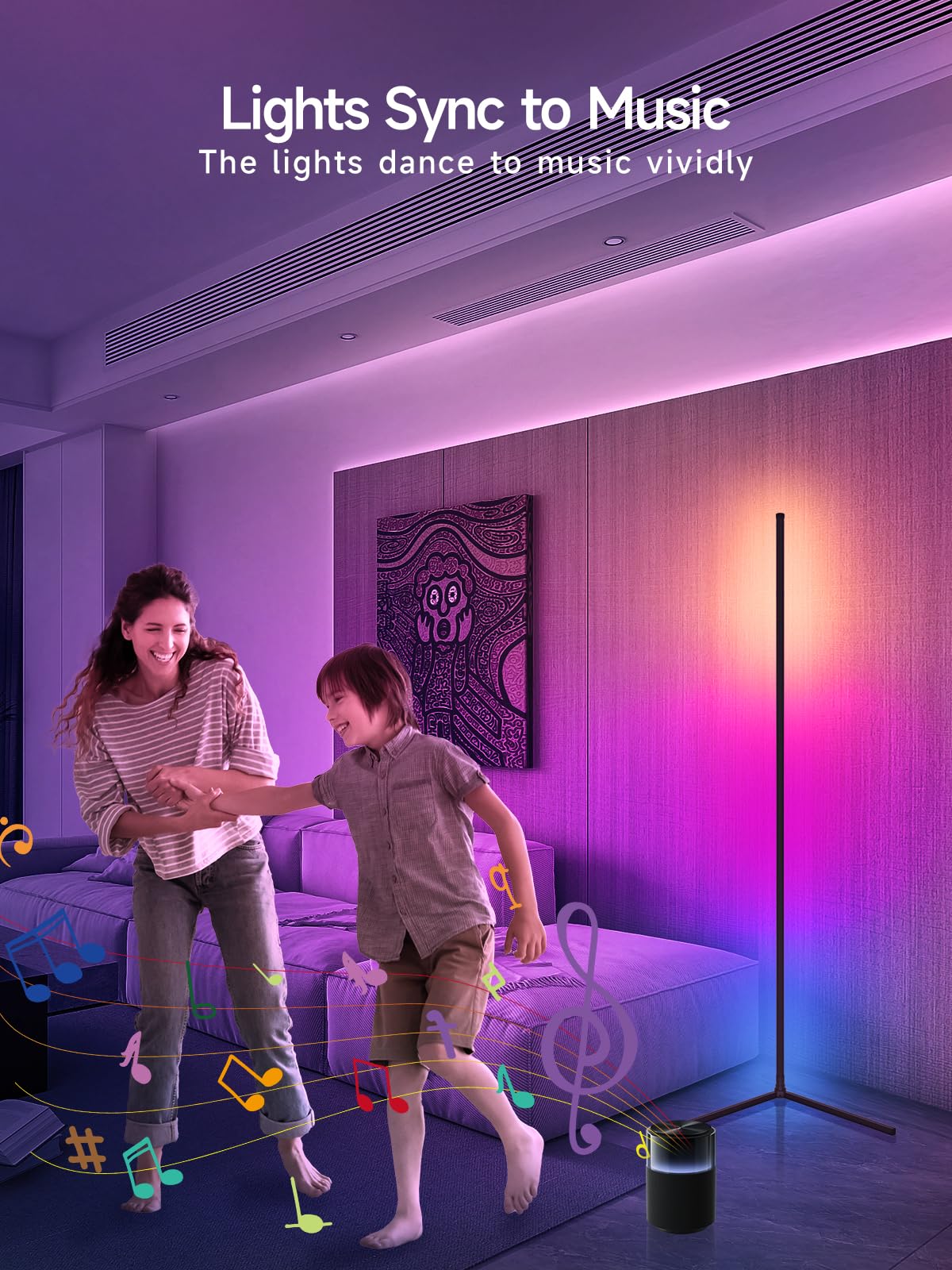 Tyute RGB LED Corner Floor Lamp with Music Sync, Smart App & Remote Control, Multicolor Ambience Light, Model T-600
