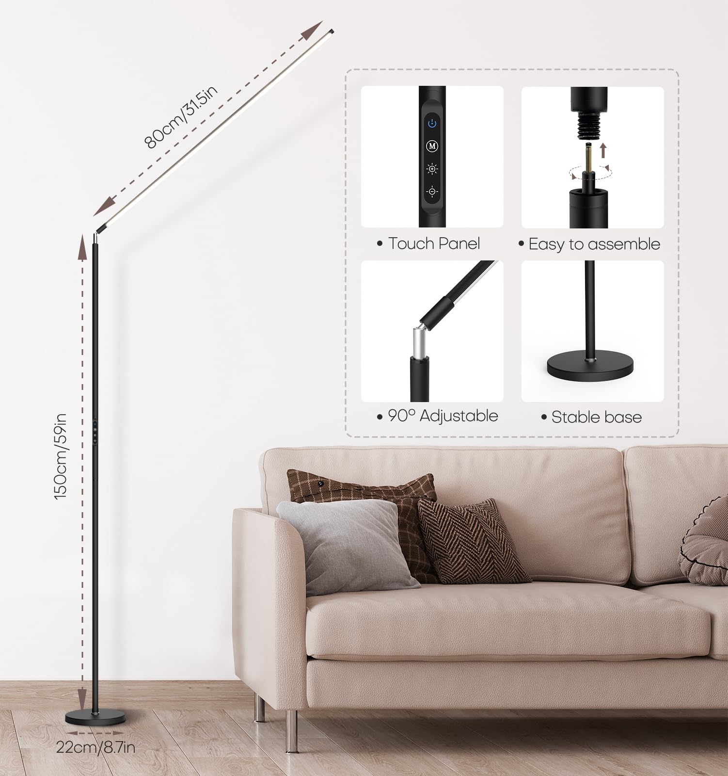 SAMPHON LED Floor Lamp - Dimmable Eye-Care Standing Light for Living Room, Bedroom, Office - Black, Model SP-ML316-B
