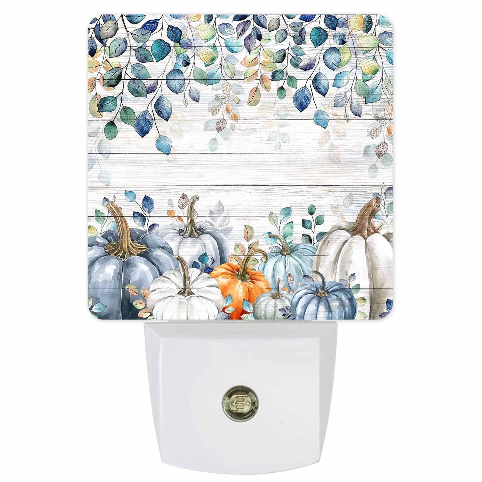 Fall Night Lights Auto Sensor Blue Pumpkin Plug-In Led Nightlights Dusk To Dawn For Living Room  Bedroom  Bathroom  Kitchen  Hallway  Stairways Holiday Thanksgiving Decor  Teal Blue Eucalyptus Leaves