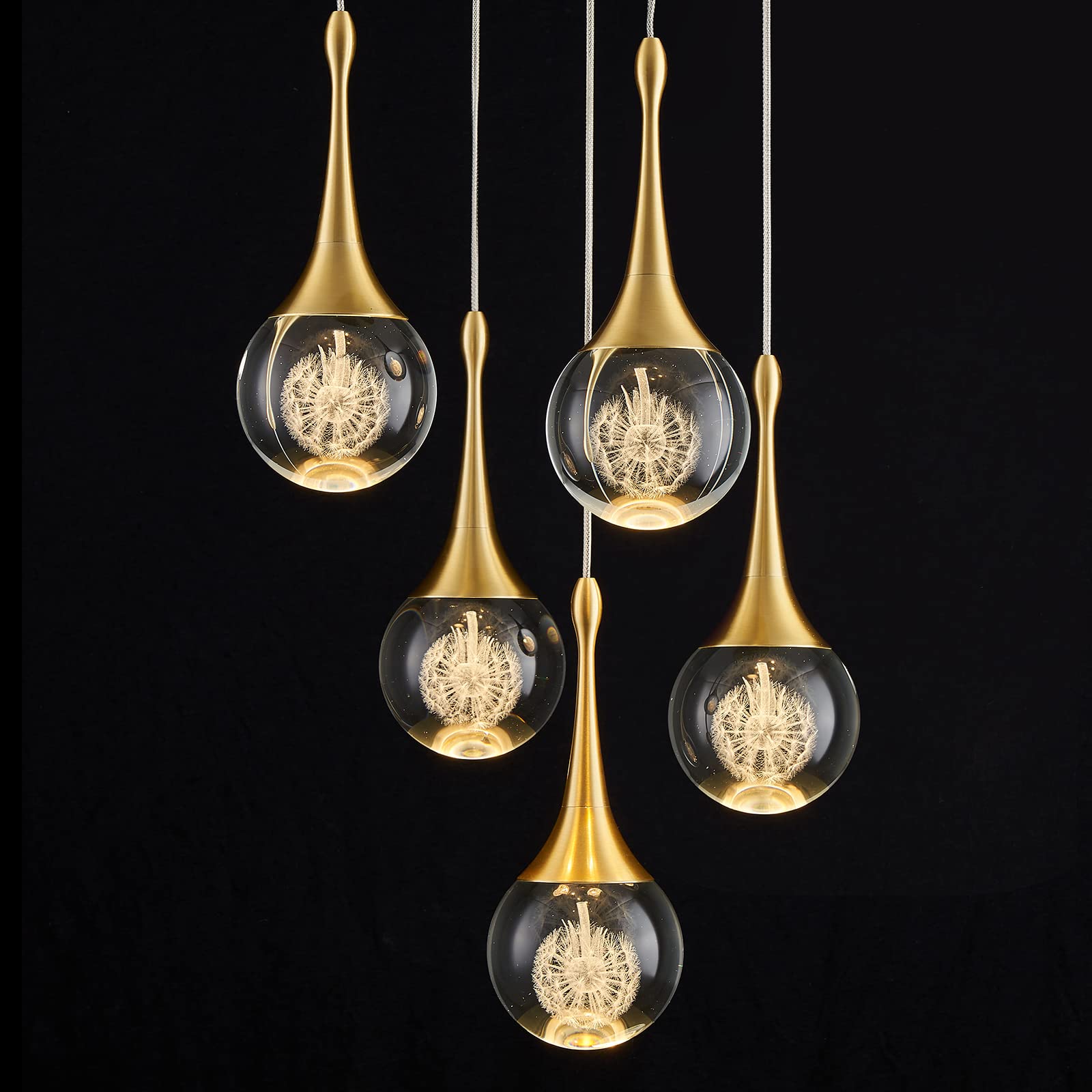 AIRYPHANT 5 Lights Crystal Pendant Light, 25W Gold Dimmable LED Teardrop Cluster Pendant Lighting Fixture for Dining Room Kitche