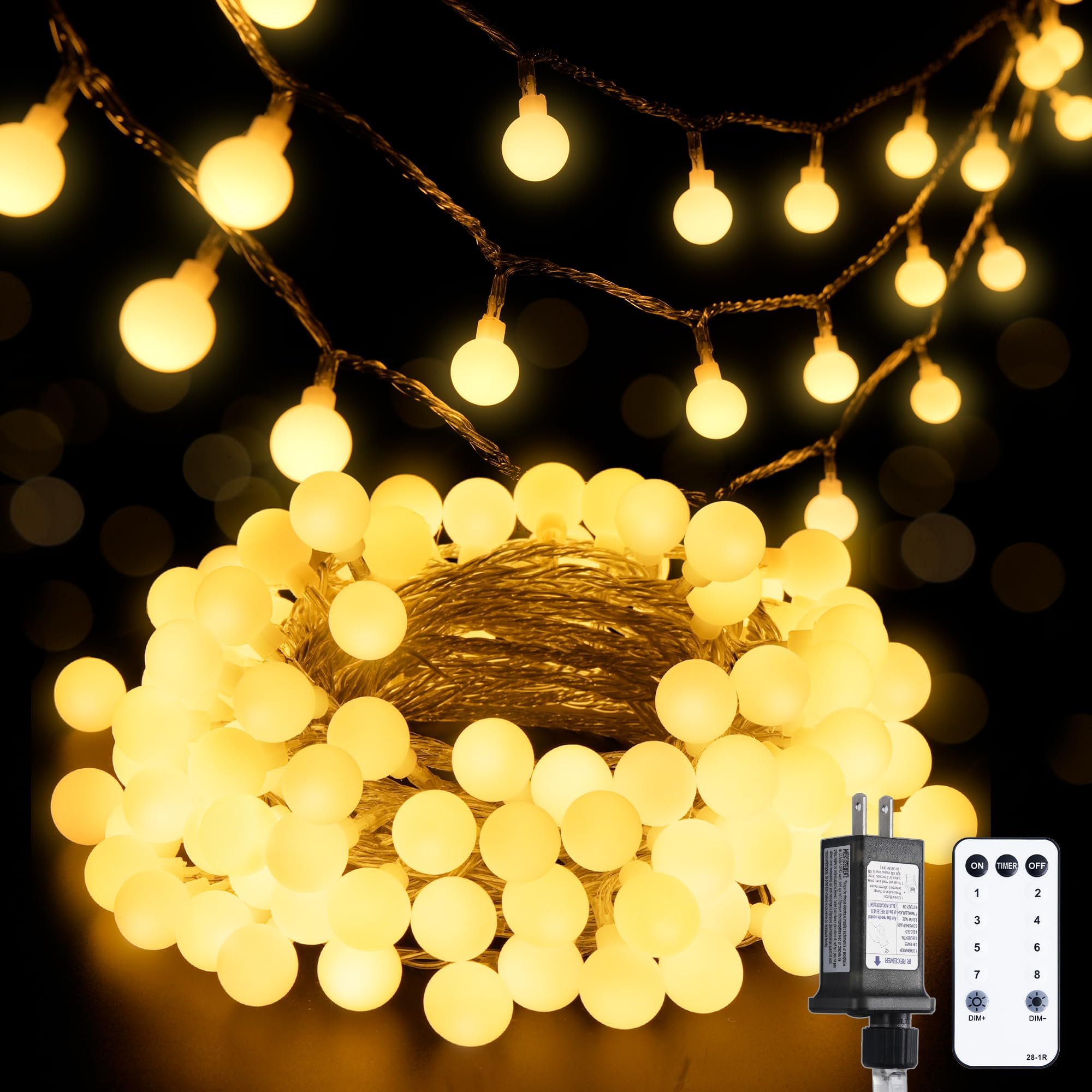JMEXSUSS 100 LED Globe String Lights, Warm White, 33ft, Indoor/Outdoor, Model EXS-S-0100-R, Plug-in with Remote, 8 Modes