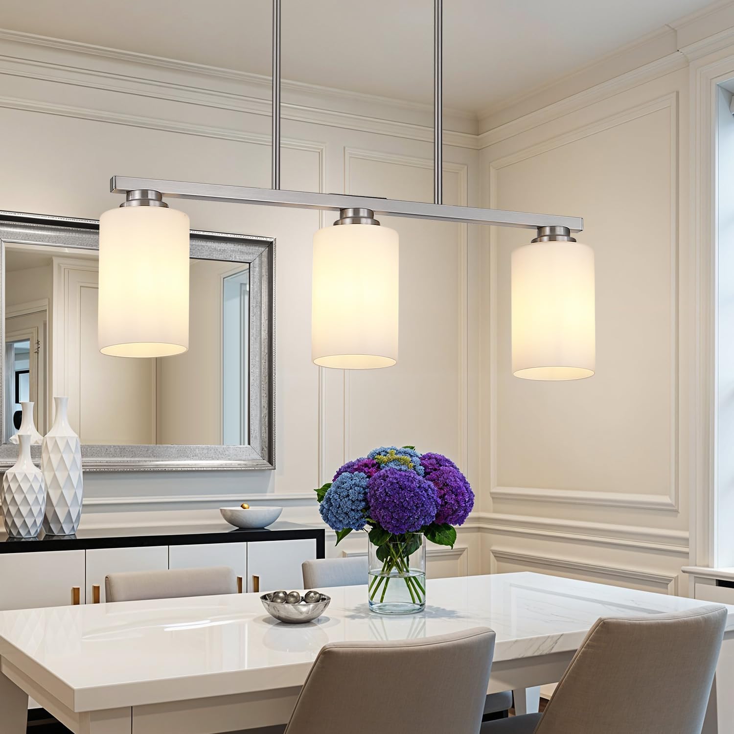 Mecgirn Island Light For Kitchen  Brushed Nickel Dining Room Light Fixture Over Table With Milk Glass Shade  3-Light Linear Chandelier Pendant Lighting For Dining Table Kitchen Island Living Room