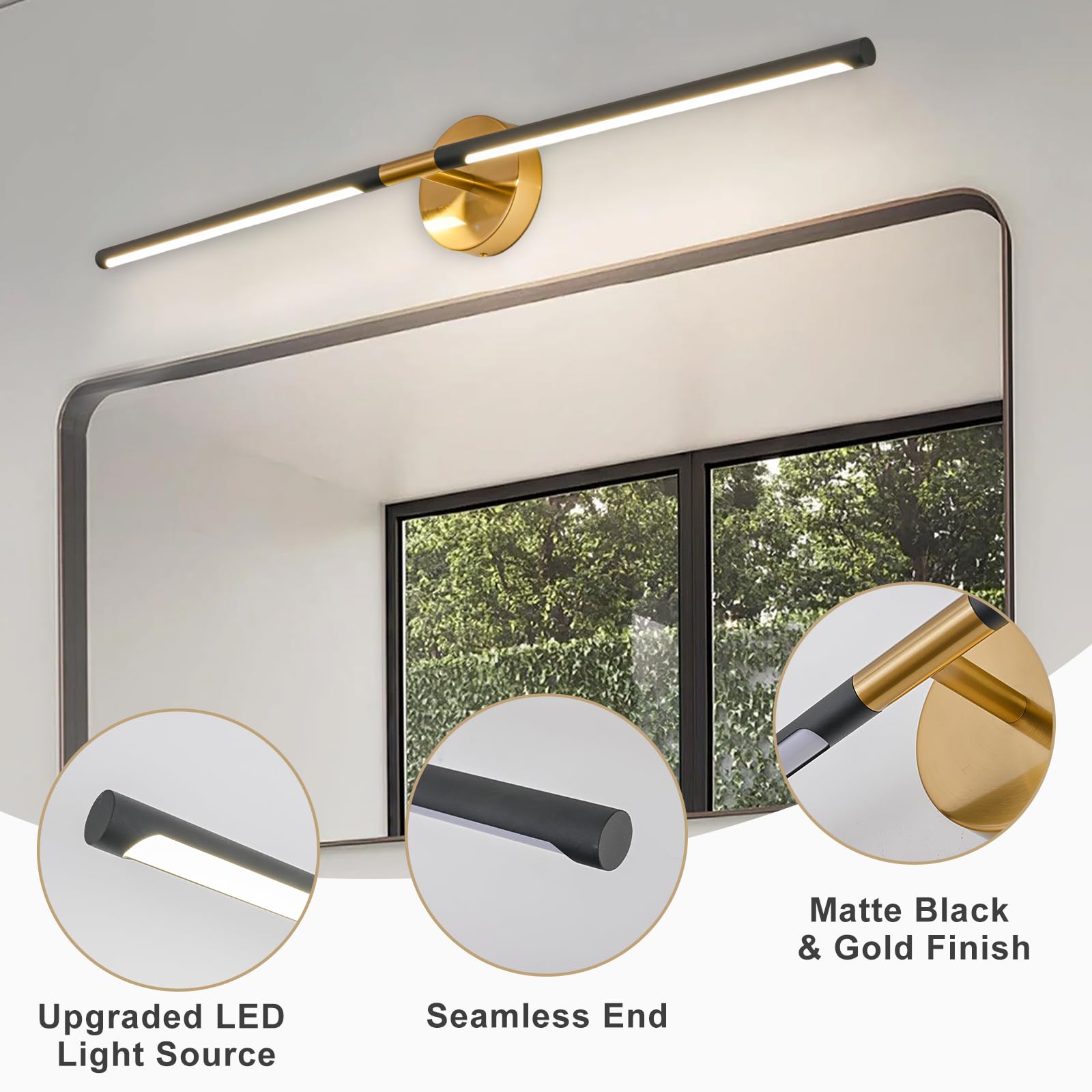 LINSEEDS Gold Bathroom Light Fixtures, 43 Inch, 33W Dimmable 4000K LED Vanity Light Bar, Brushed Gold, Model RD-7516-GD-43
