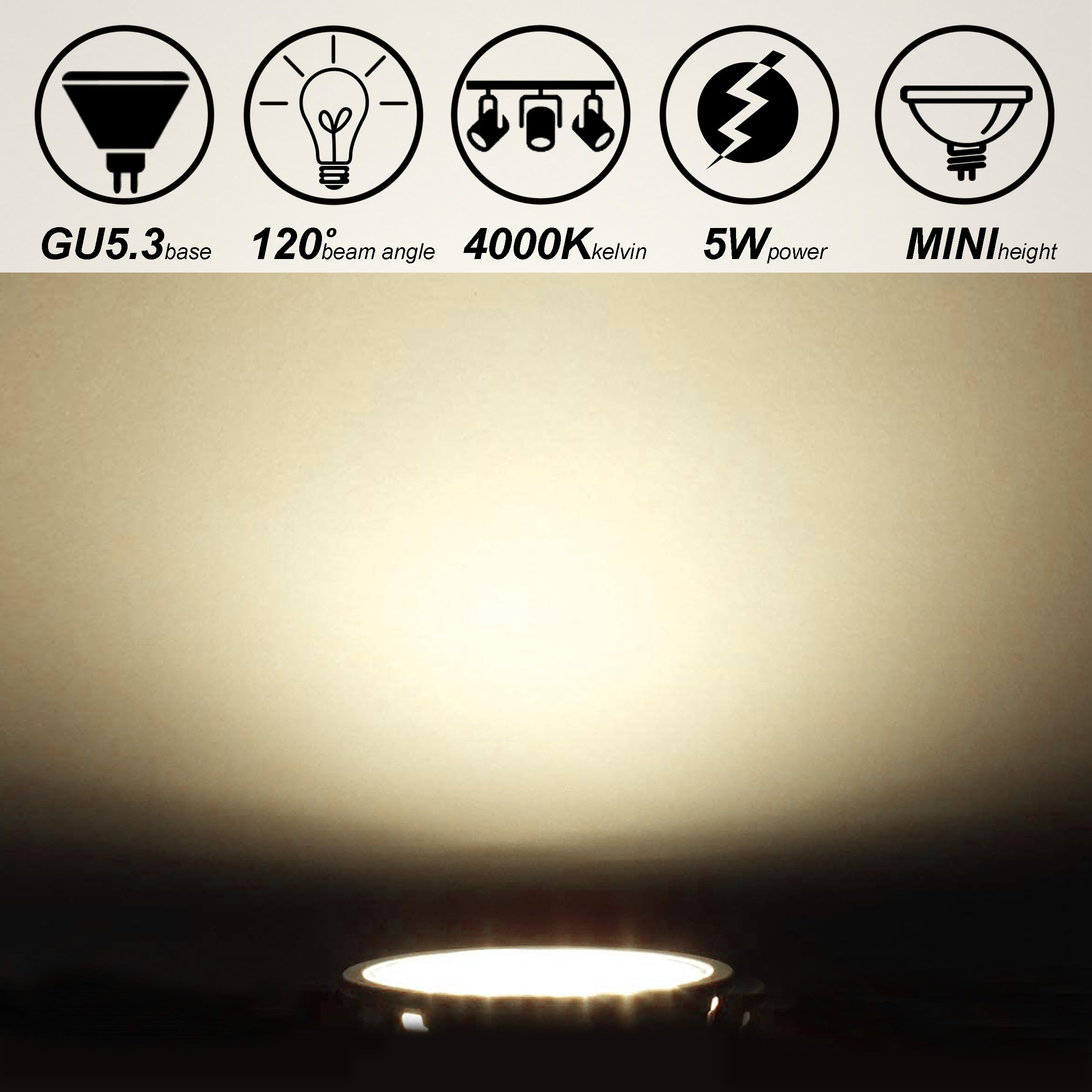ALIDE MR16 LED Bulbs 5W GU5.3 4000K Natural White, 120° Beam Angle, 12V, 6 Pack