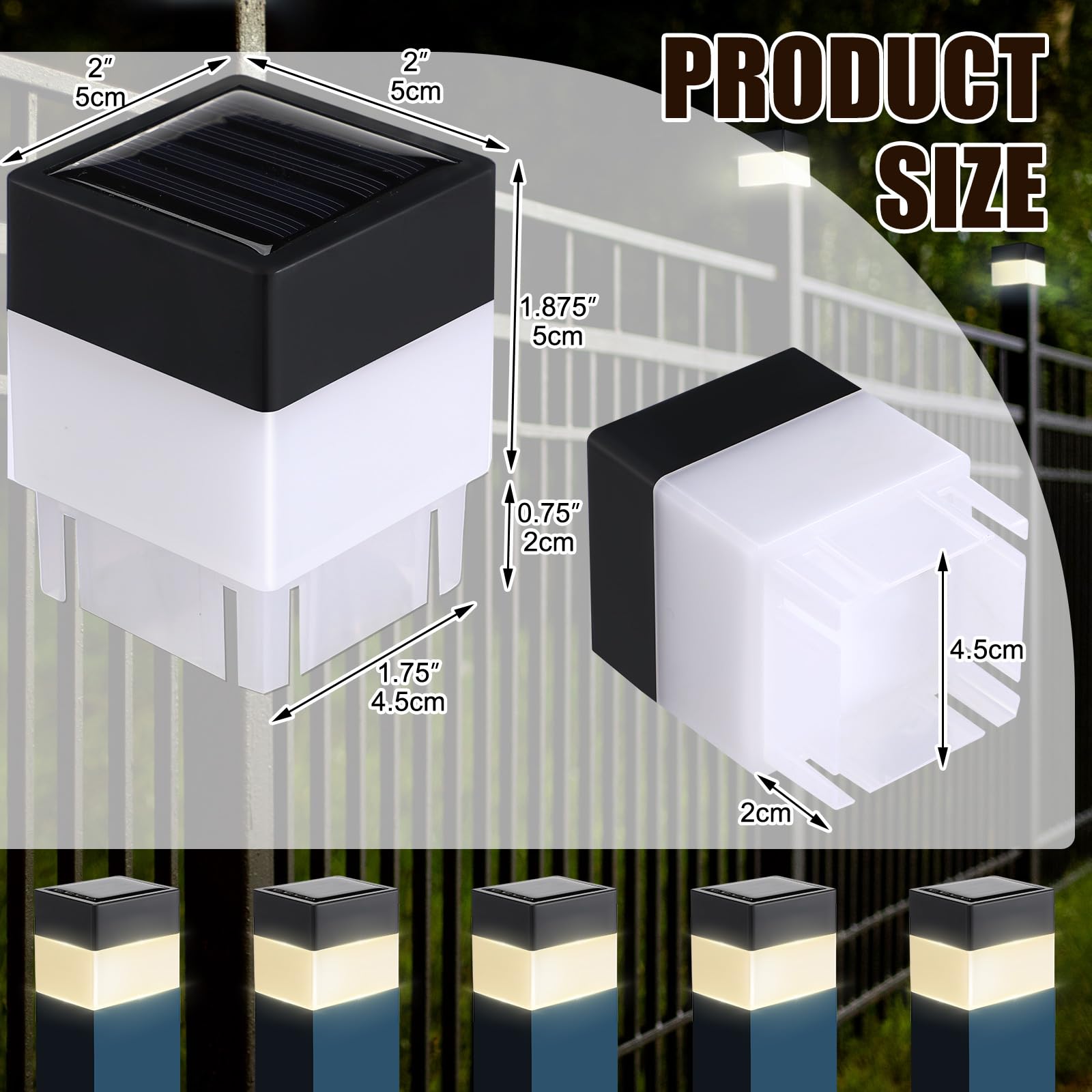 Hicarer Solar Fence Post Cap Lights, 12 Pack, 2in x 2in, Warm Yellow, LED, Model ZHW-Hicarer-0674, Ideal for Garden and Outdoor