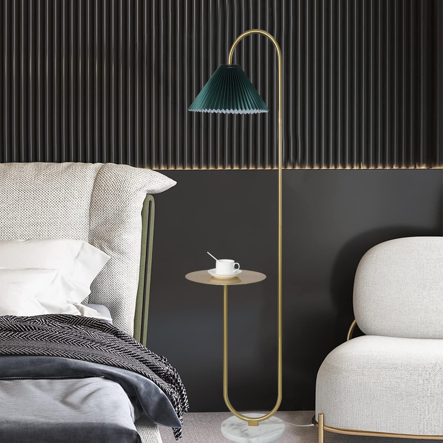 beaysyty Modern Elegant Floor Lamp with Tray, Brass Finish, Dark Green Pleated Lampshade, Foot Switch, Model CY4142
