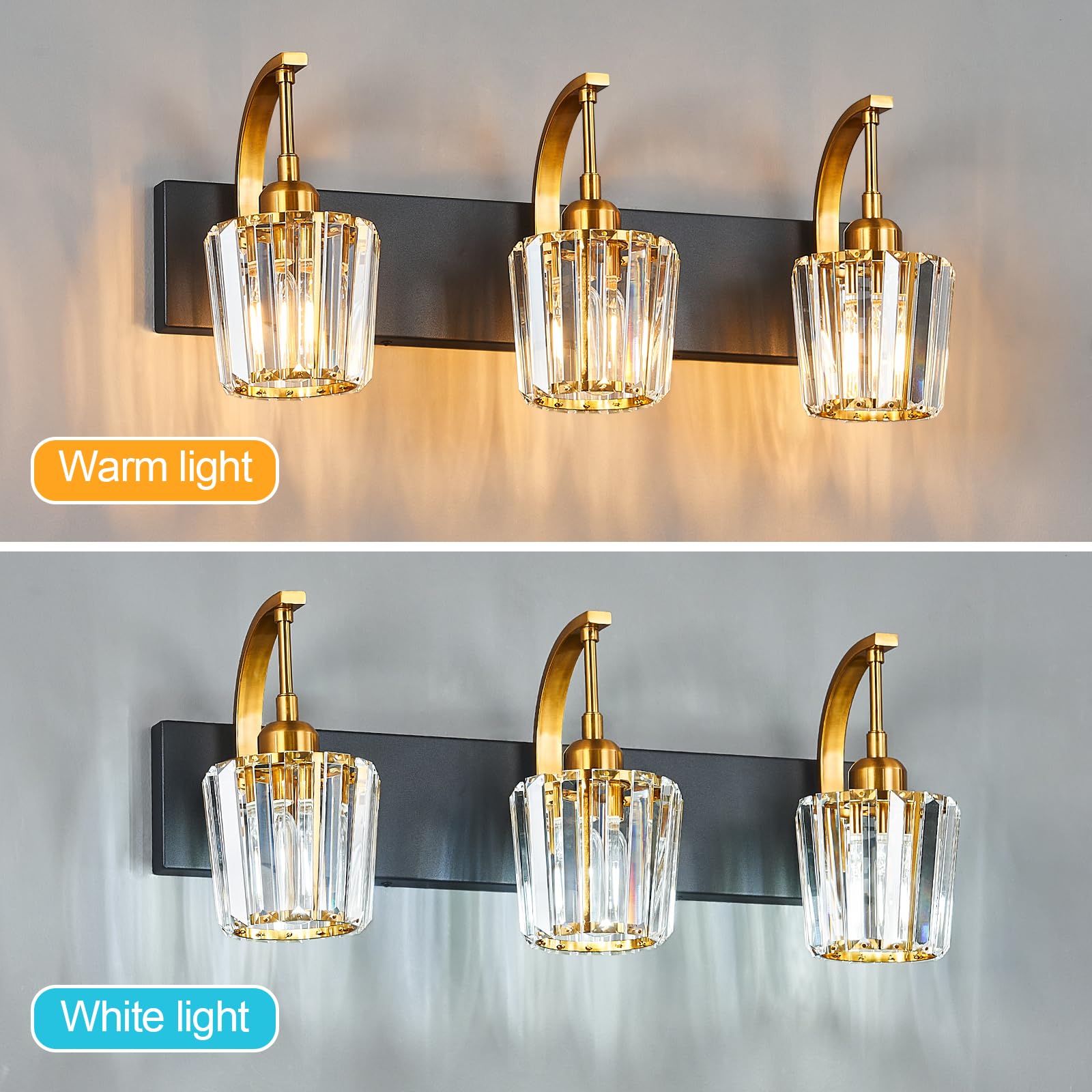Fdpby Modern Bathroom Vanity Light  3-Light Black Gold Wall Sconce With Crystal Accents  Over Mirror Bathroom Lighting Fixture  23.62 Long Dimmable Vanity Lamp For Makeup  Easy Installation