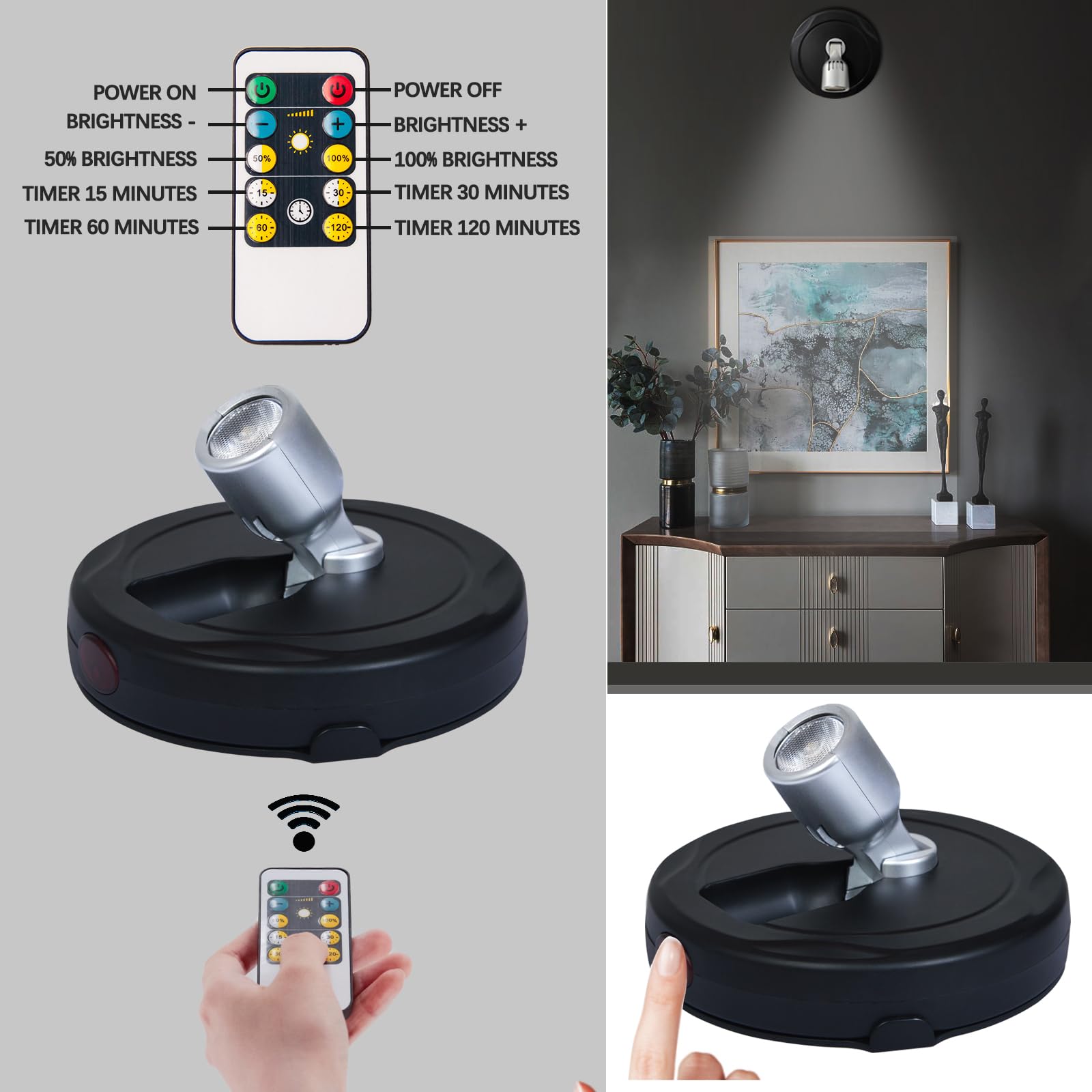 Bergustch Battery Powered Led Spotlight, Wall Picture Lights, Indoor Uplighting, Puck Lights With Remote, Plants Spot Light, Dis