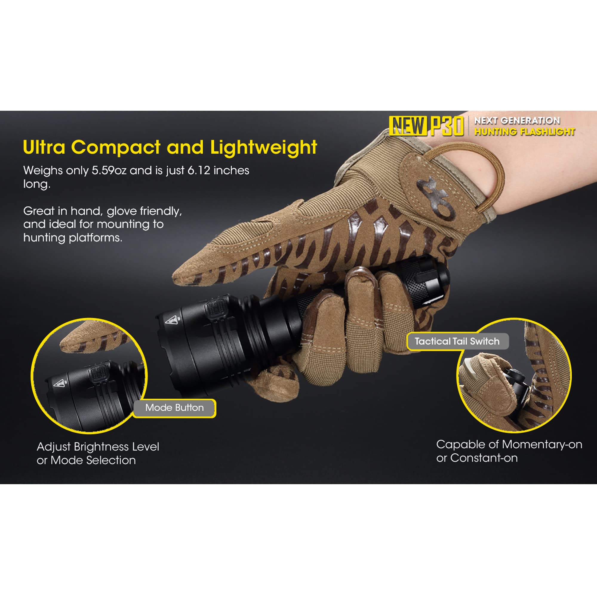 Nitecore New P30 1000 Lumen 676 Yard Long Throw Hunting Flashlight, NL2150R with Build-in USB-C Port, and LumenTac Organizer