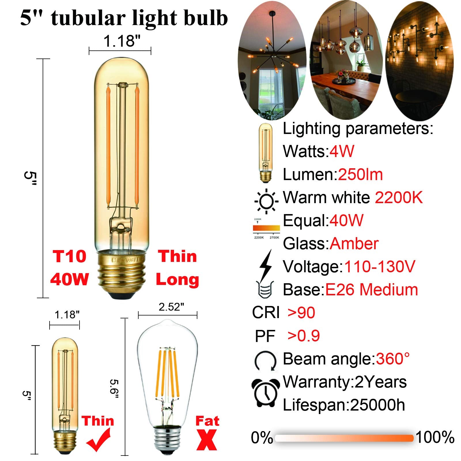 Litehistory Dimmable T10 Led Bulb 4W Equal E26 Edison Bulb 40 Watt Ac120V Tubular Light Bulb Warm White 2200K Amber 250Lm E26 Le